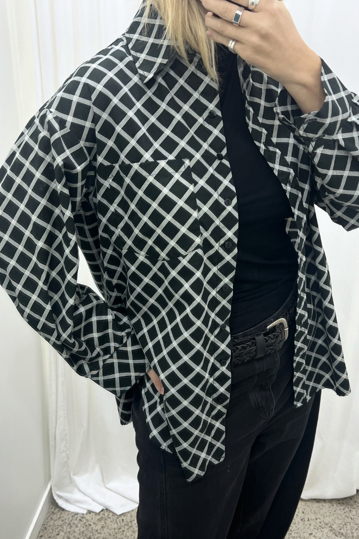 Two Makes One Oversized Cotton Shirt | Black/White Cross Hatch