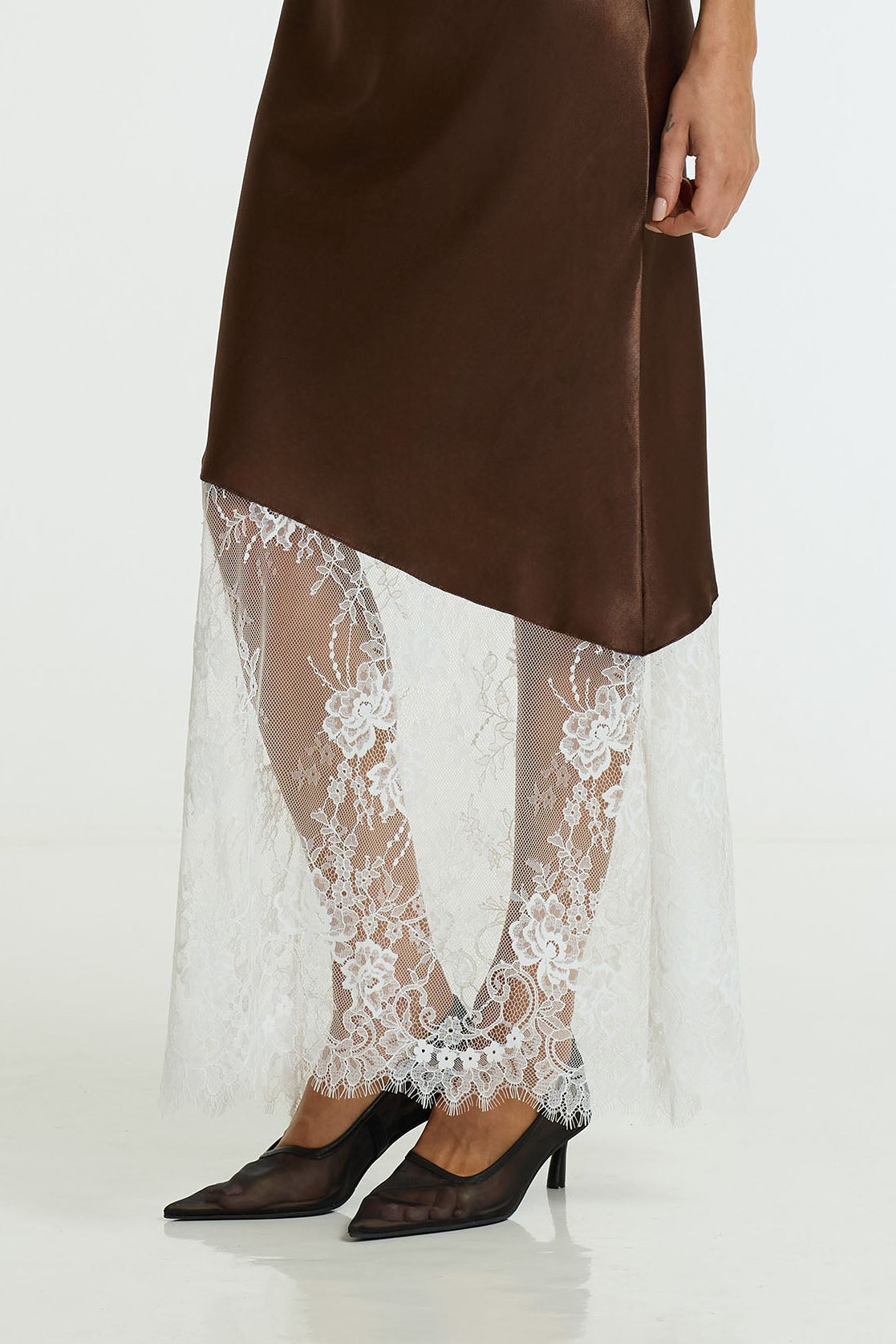 After Dark Satin Lace Maxi Dress | Chocolate