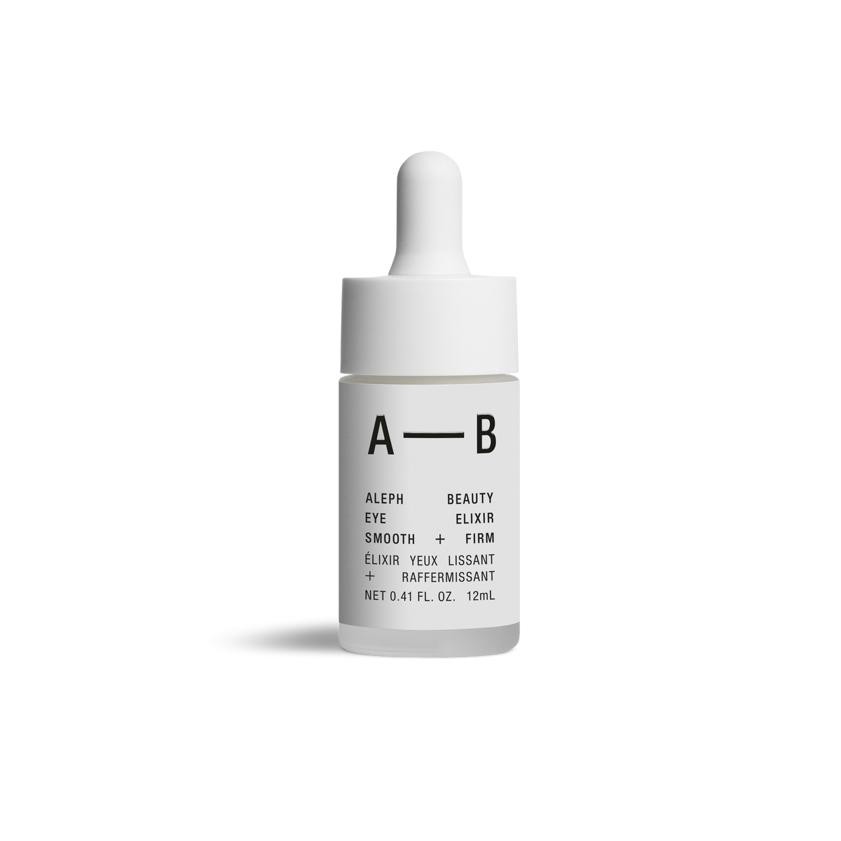 A small white dropper bottle with a frosted glass lower section and black text reading 'A—B' and 'ALEPH BEAUTY EYE ELIXIR SMOOTH + FIRM', centered on a light gray background.