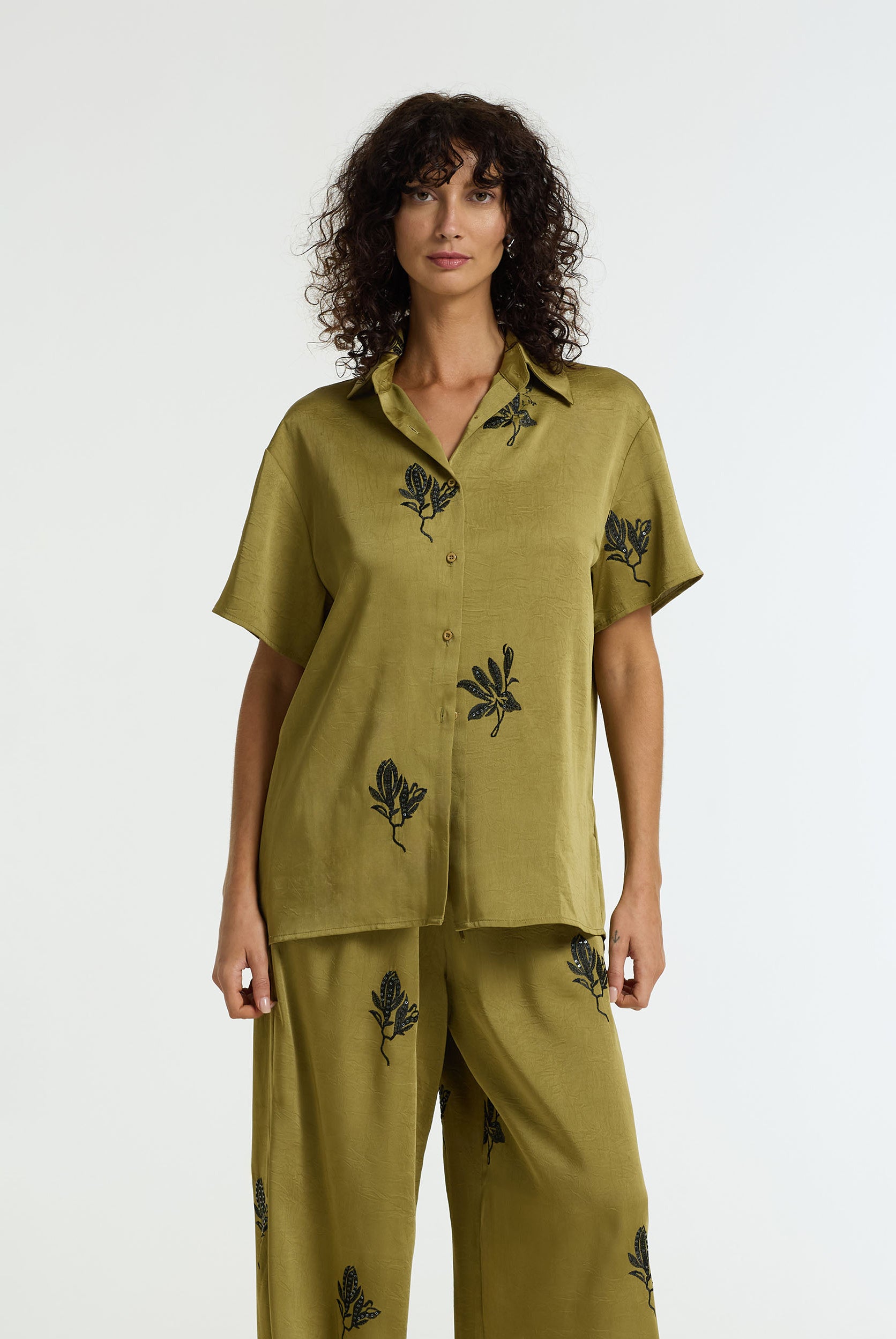 Align Shirt - Green Fig w Black Embroidery & Sequins