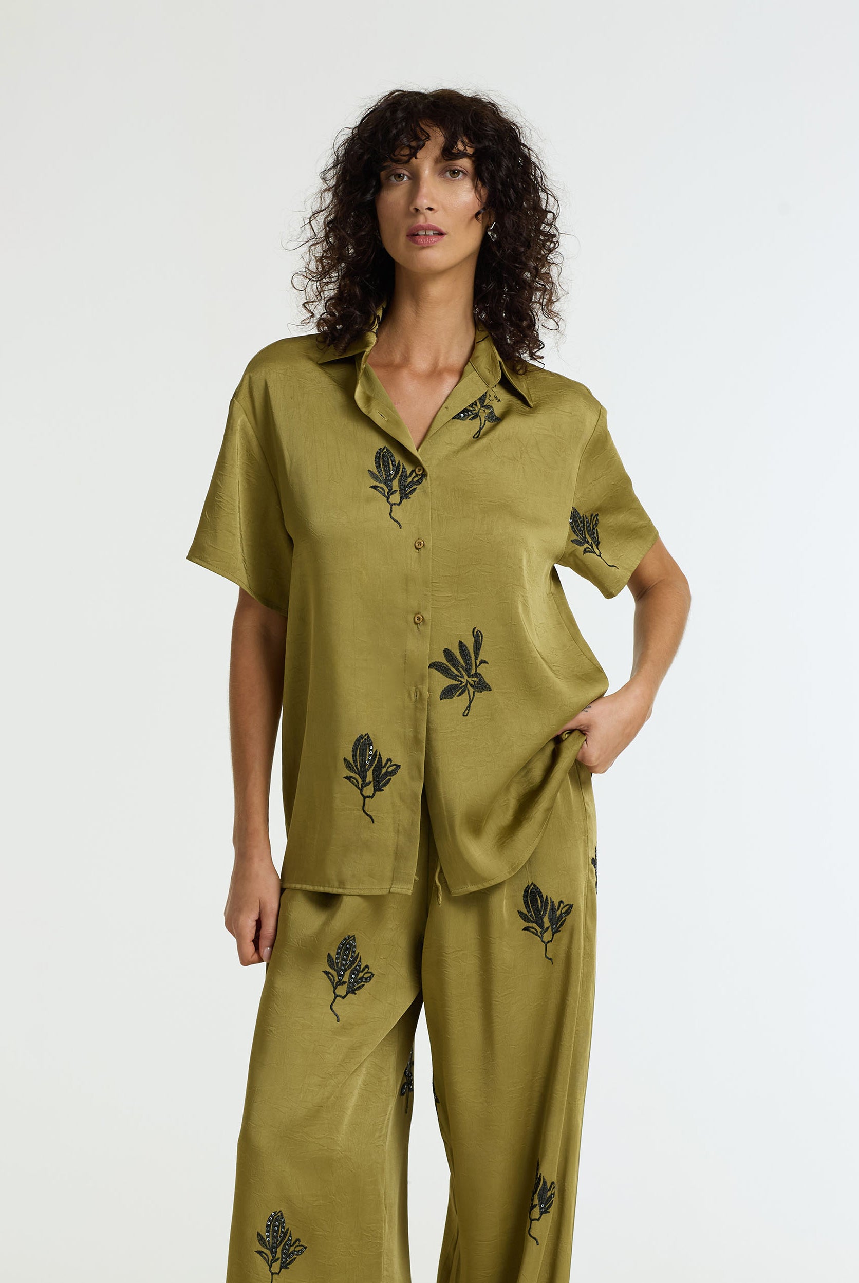 Align Shirt - Green Fig w Black Embroidery & Sequins