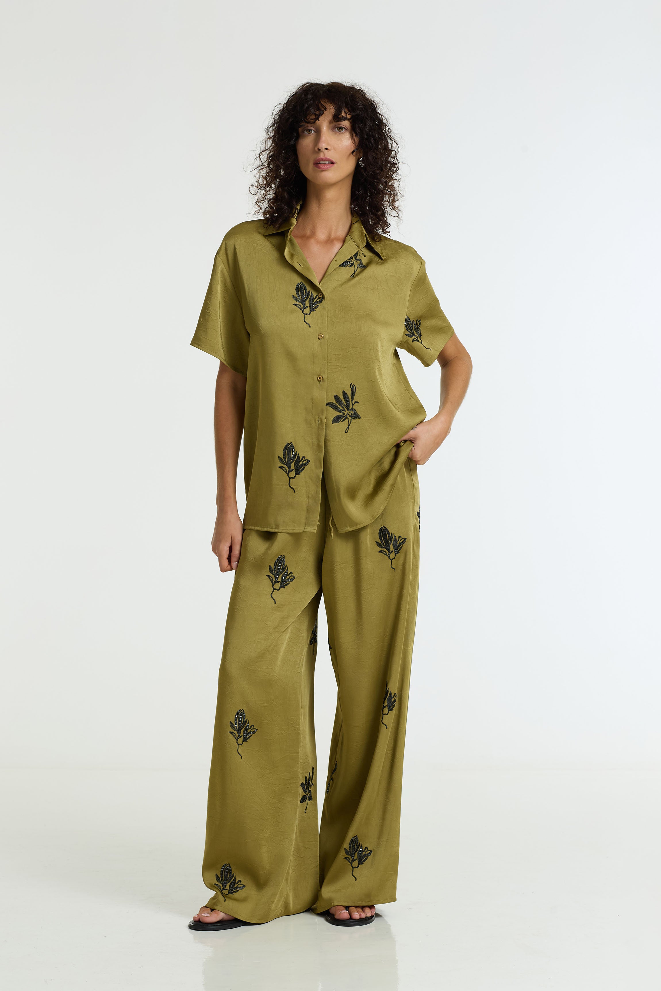 Align Shirt - Green Fig w Black Embroidery & Sequins