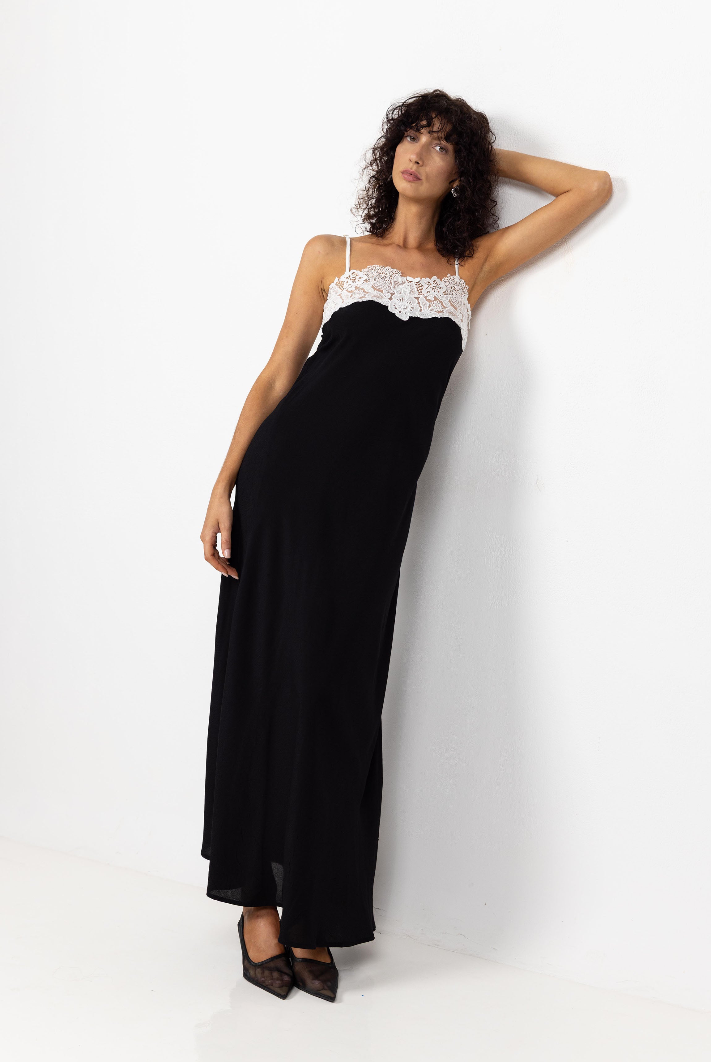 Aria Lace Trim Bias Dress | Black/Ivory | PRE-ORDER
