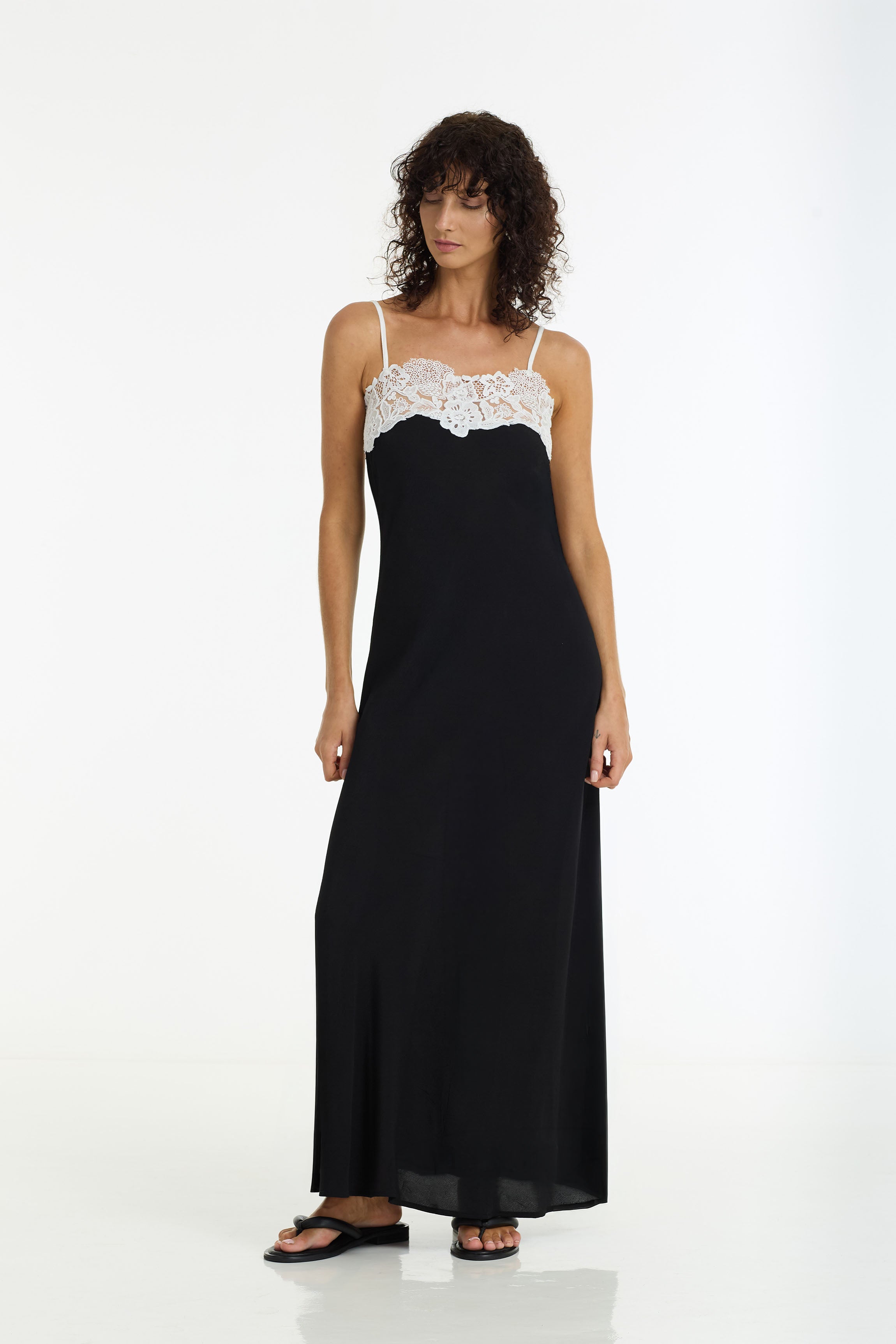Aria Lace Trim Bias Dress | Black/Ivory | PRE-ORDER