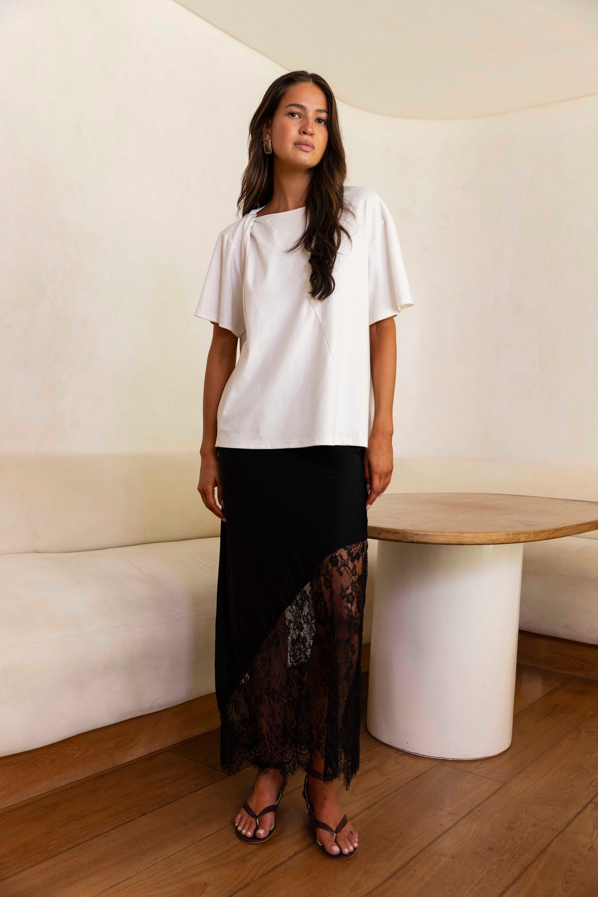 Softly Spoken Satin Lace Maxi Skirt | Black