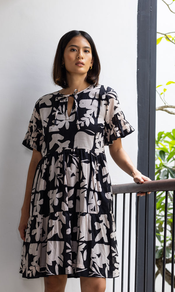 Bella Mini Dress - Exclusive Black with Natural Flower Print