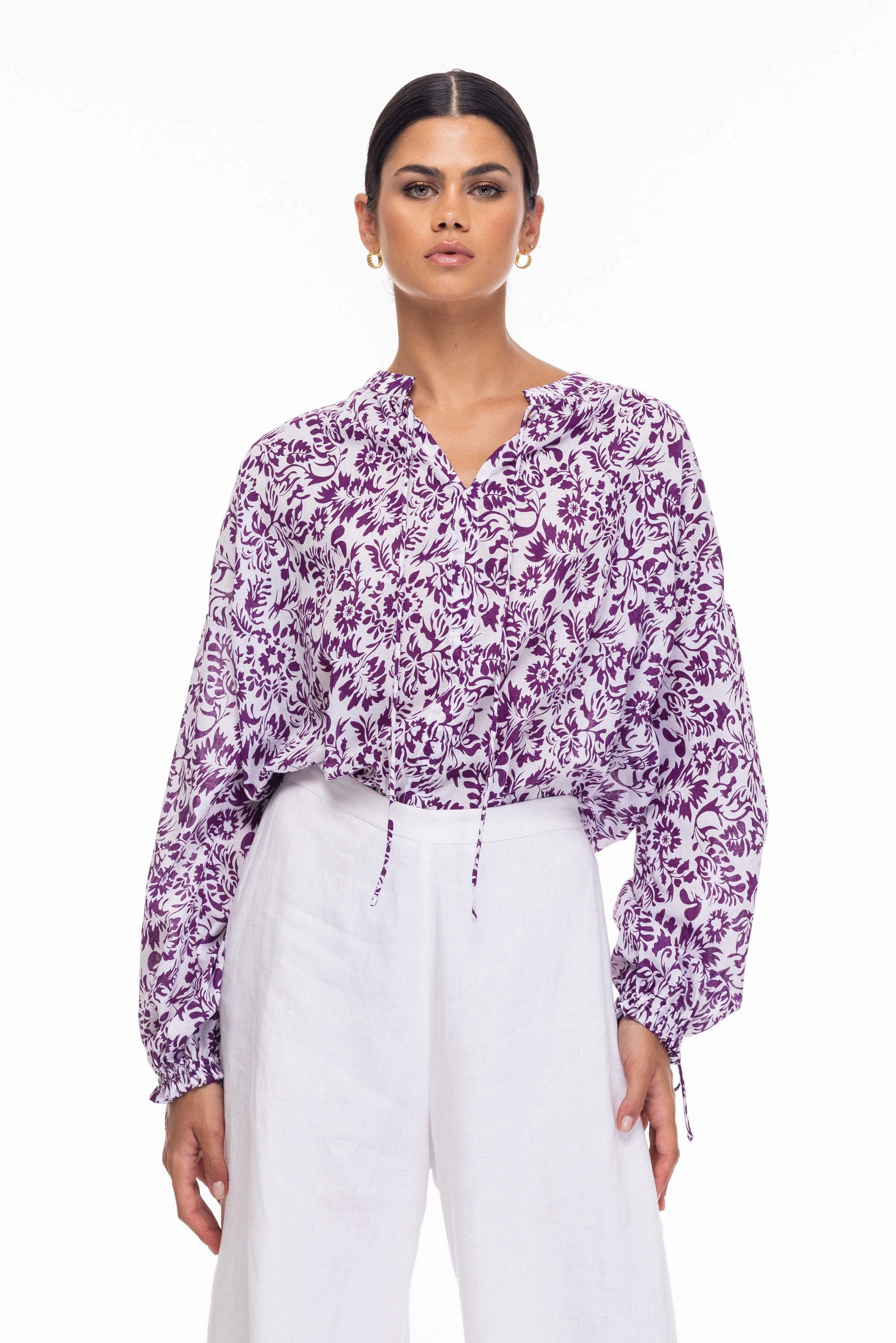 Betty Blouse - Purple/White Print