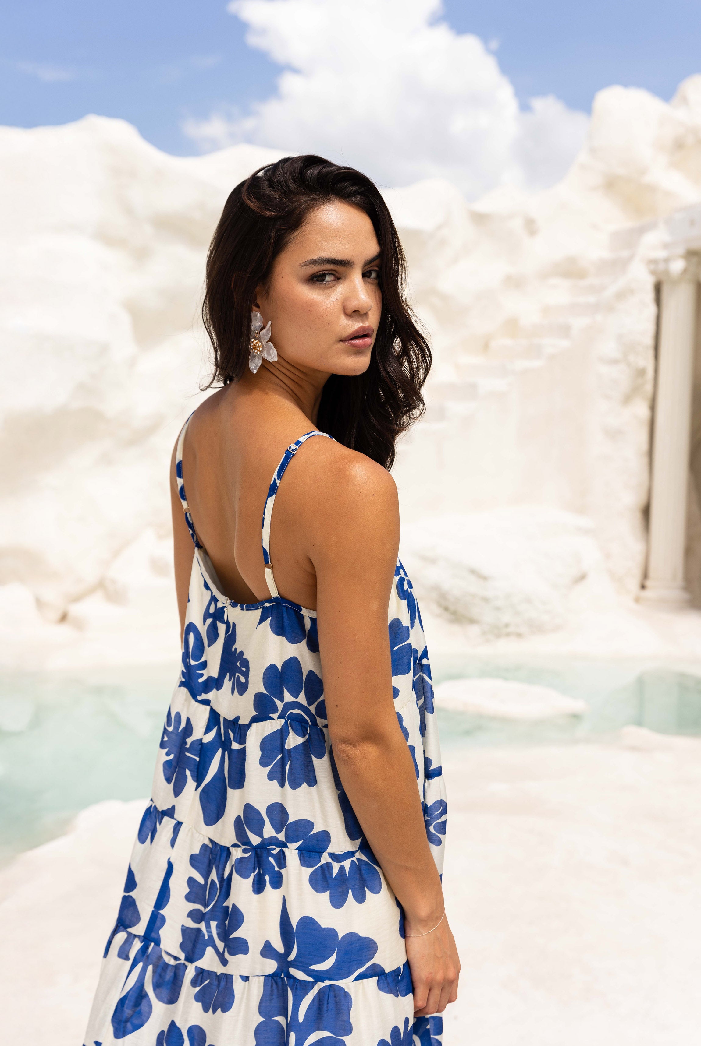 Carmen Dress - Ivory/Cobalt Blue Print