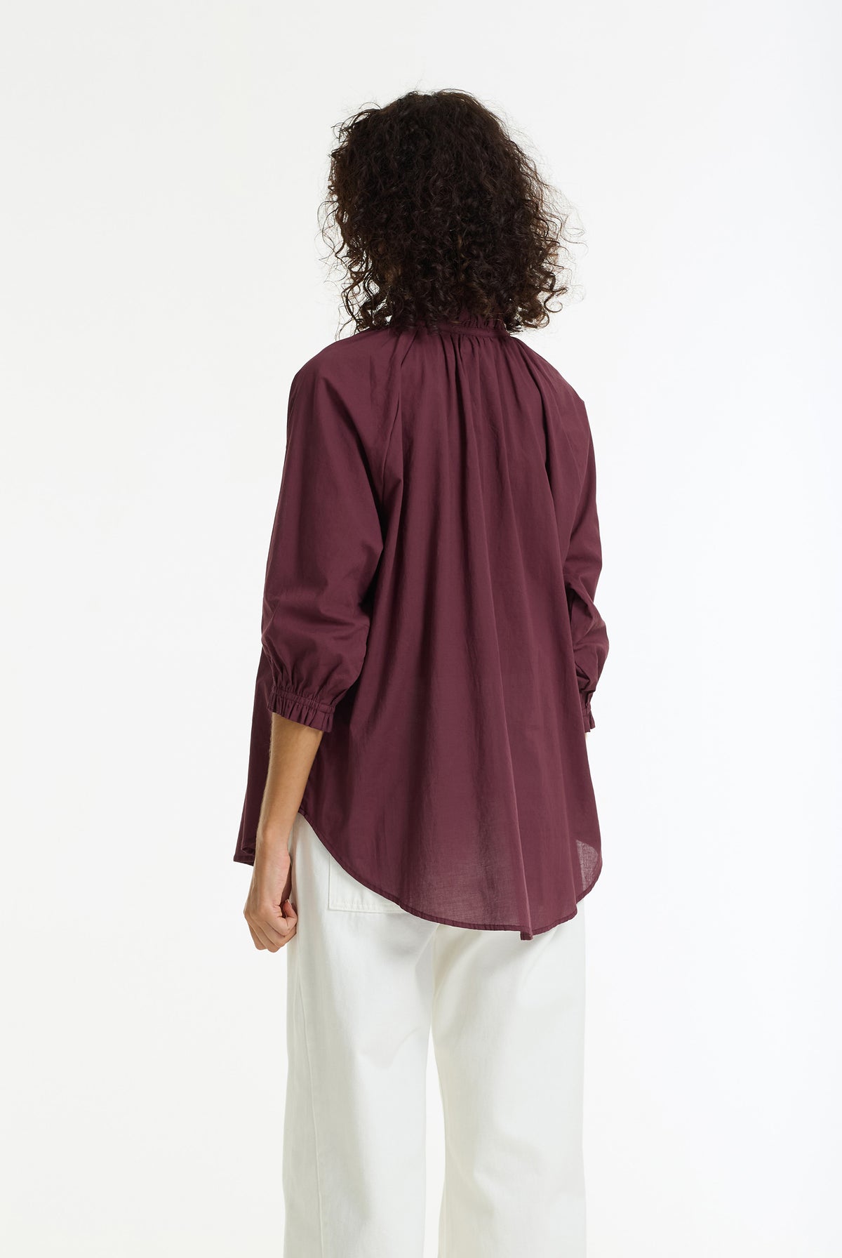 Back view of Charlotte Cotton Voile Top in Winter Wine by BLAK