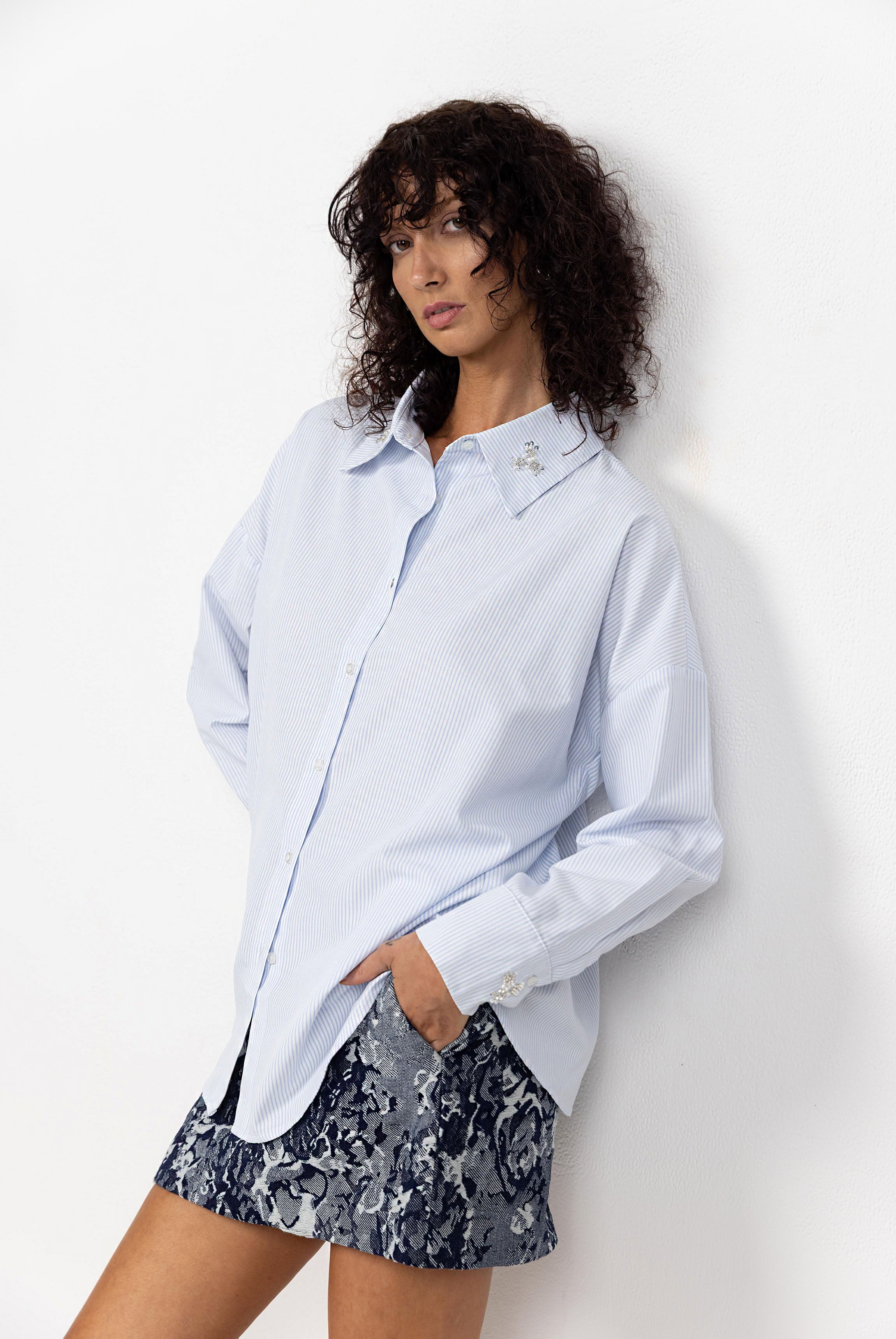 Crossed Paths Embellished Stripe Shirt | White/Blue | PRE-ORDER