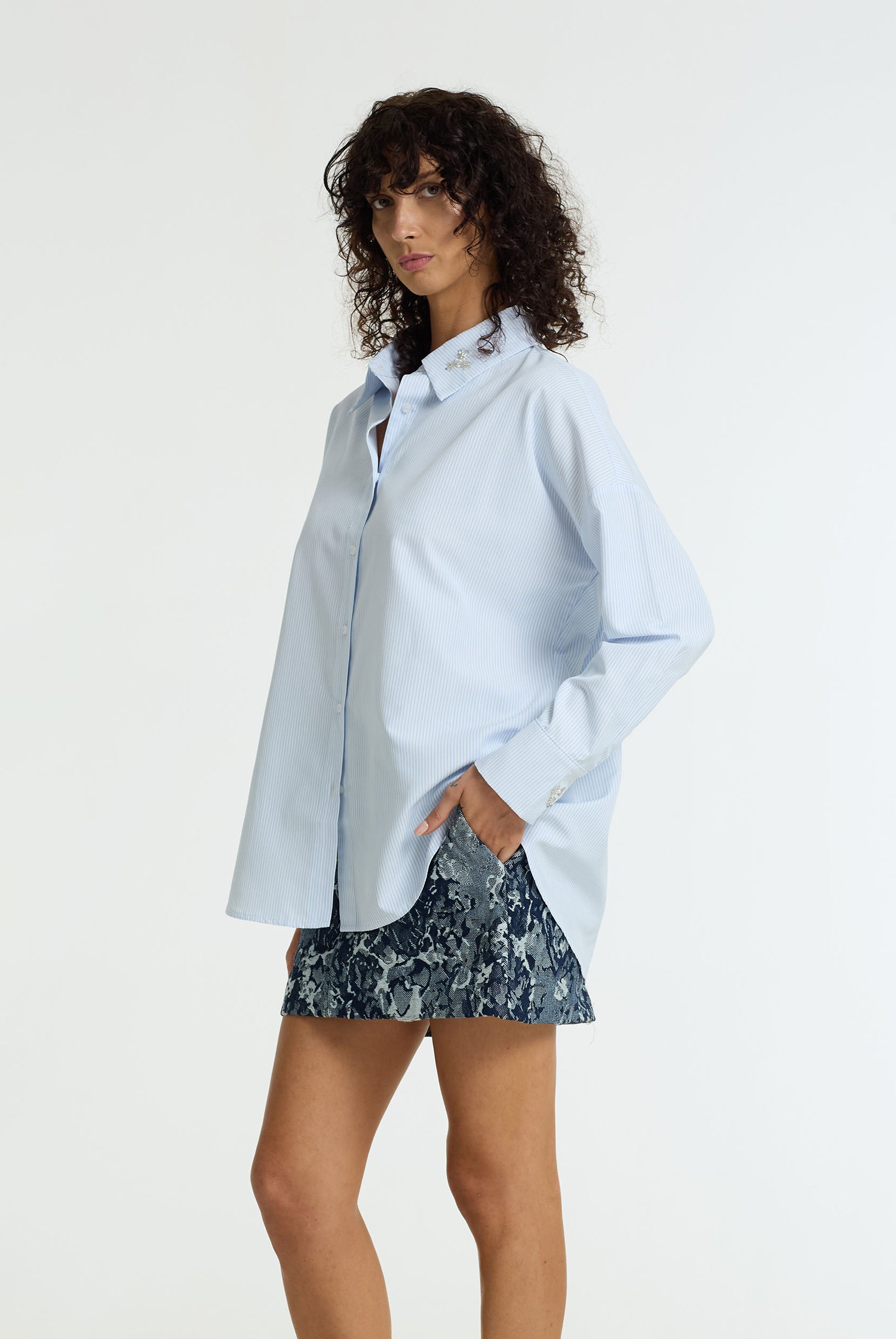 Crossed Paths Embellished Stripe Shirt | White/Blue | PRE-ORDER