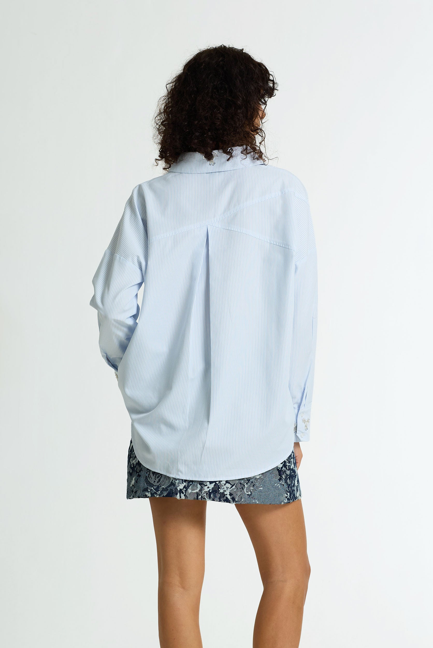 Crossed Paths Embellished Stripe Shirt | White/Blue | PRE-ORDER