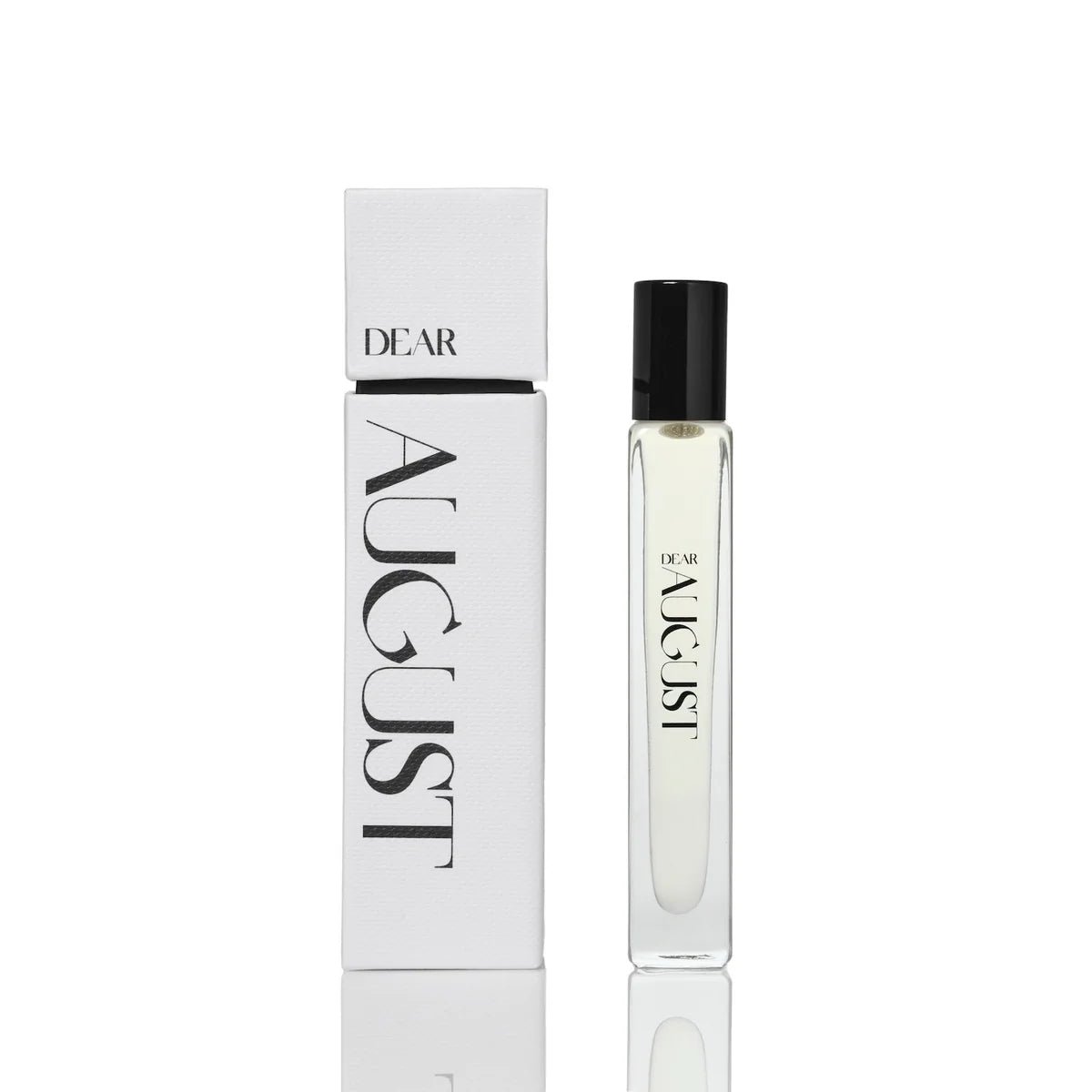 Perfume bottle and packaging with 'Dear August' branding on a white background