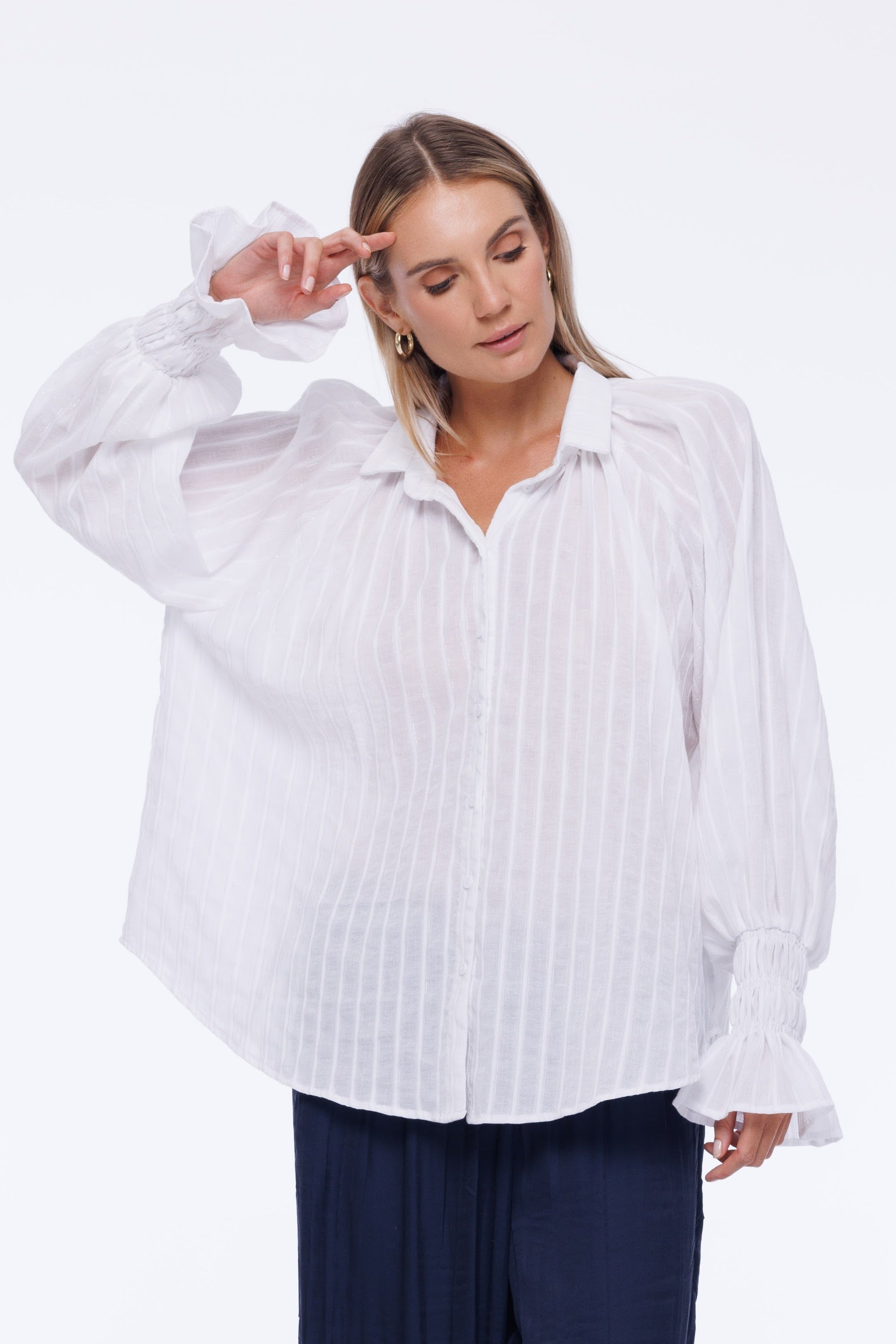 Edith Shirt - White with Lurex Stripe