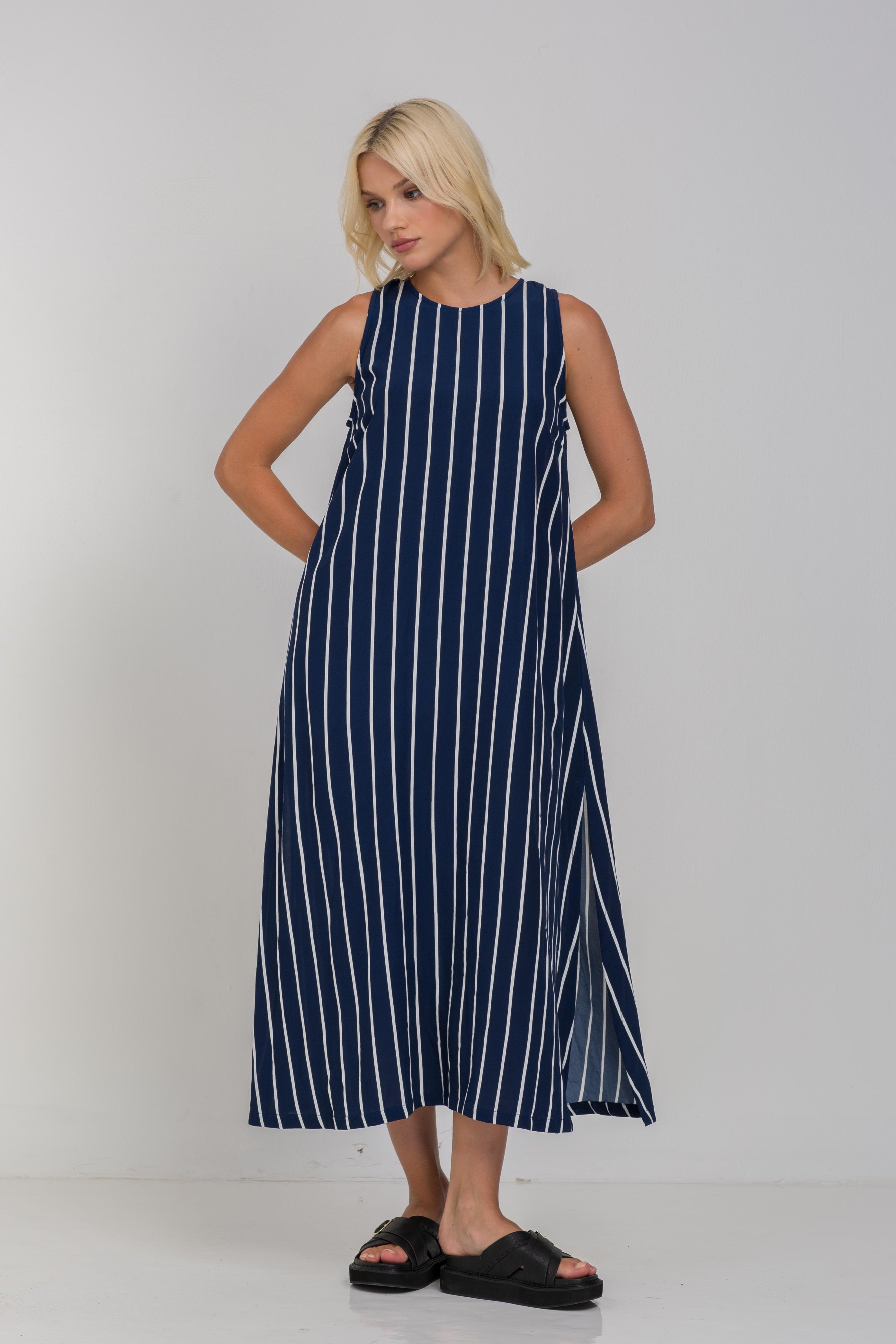 Finally Here Dress - Navy with White Pinstripe