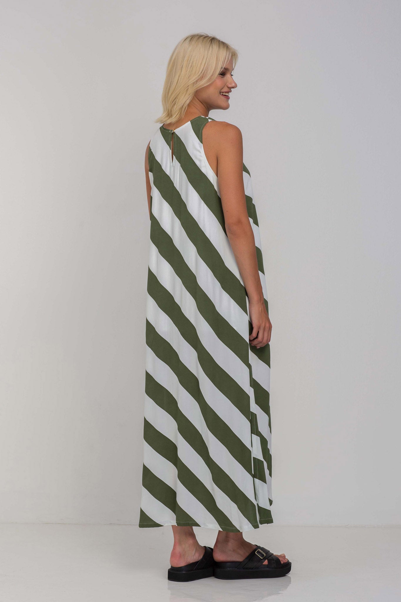 H25/50663 Finally Here Dress -  Dried Mint/Ivory Diagonal Stripe