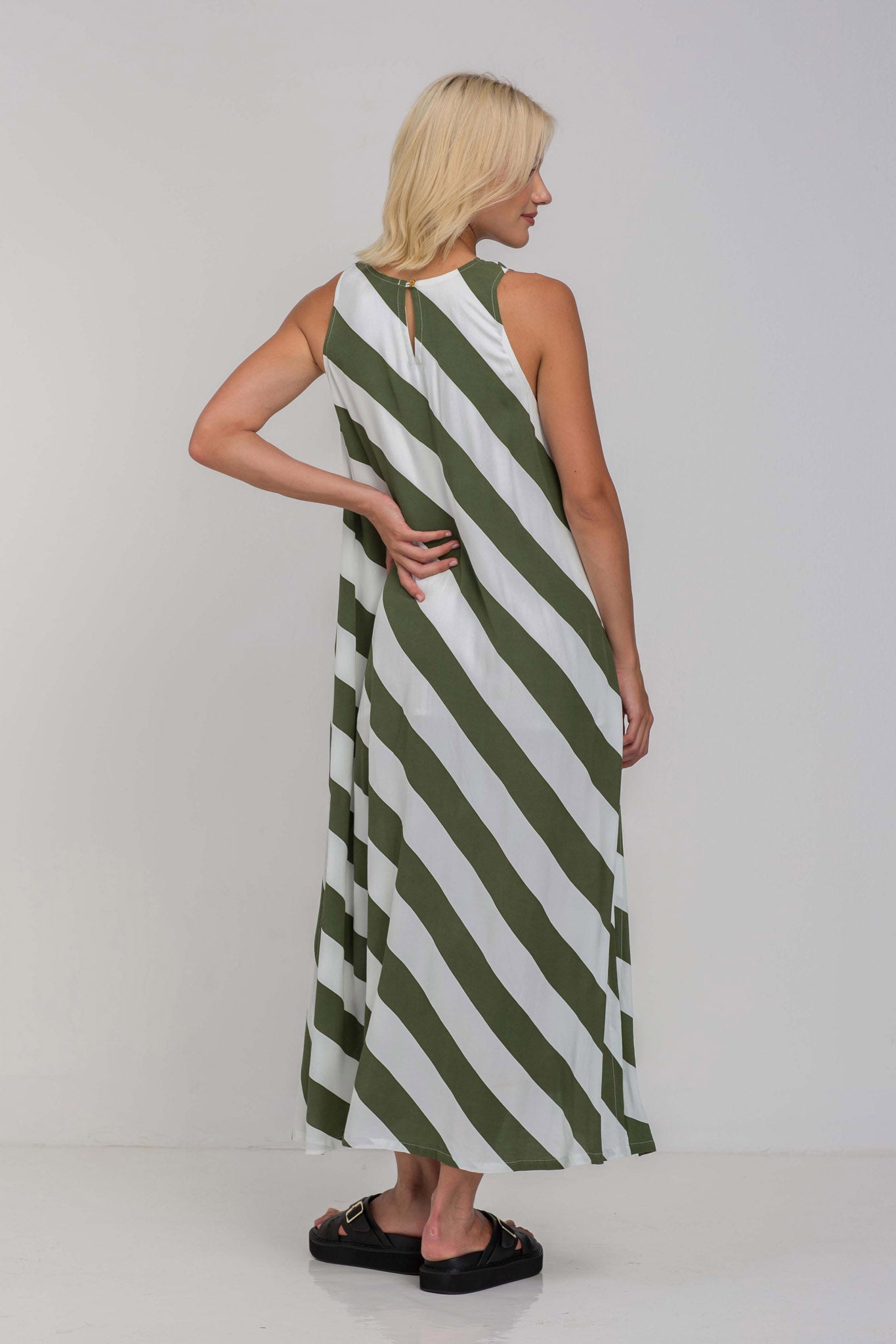 H25/50663 Finally Here Dress -  Dried Mint/Ivory Diagonal Stripe