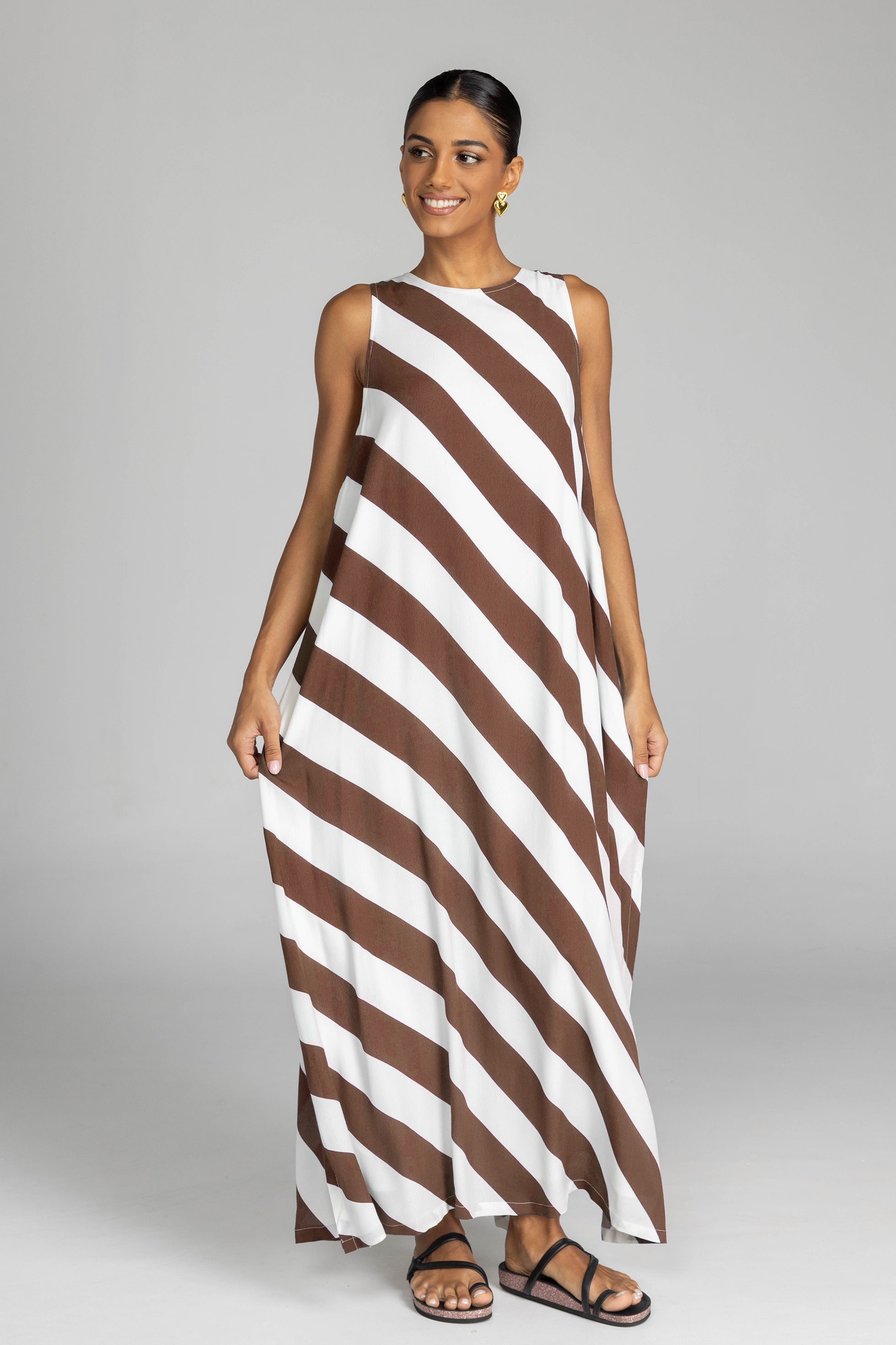 Finally Here Dress - Chocolate/White Diagonal Stripe