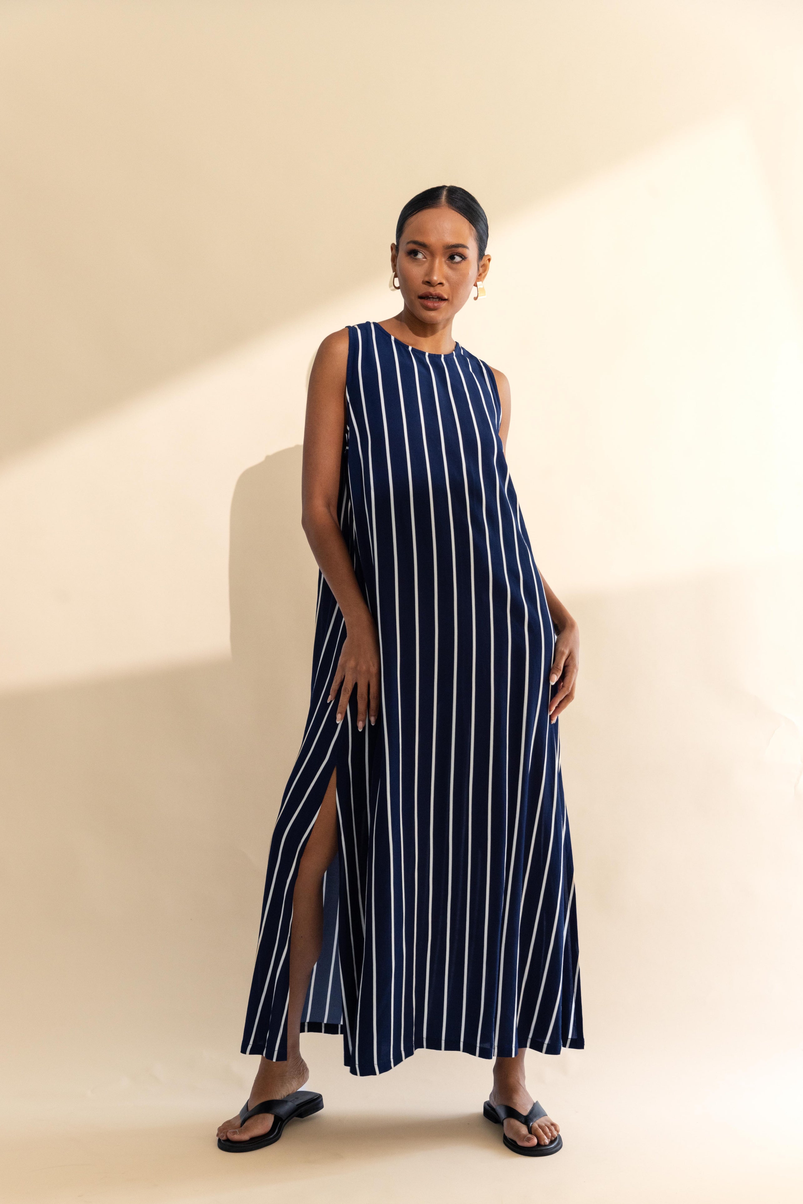 Finally Here Dress - Navy with White Pinstripe