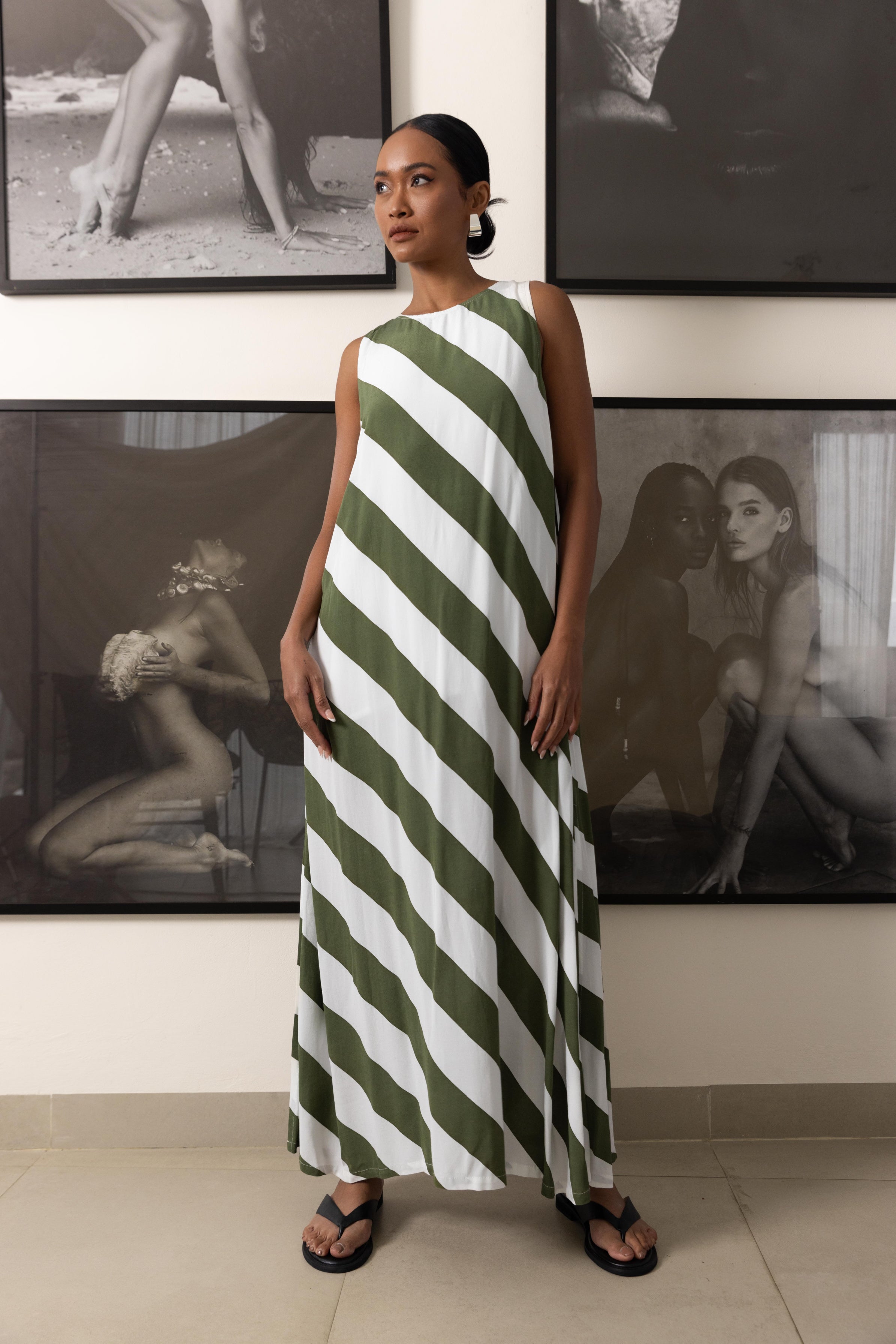 H25/50663 Finally Here Dress -  Dried Mint/Ivory Diagonal Stripe