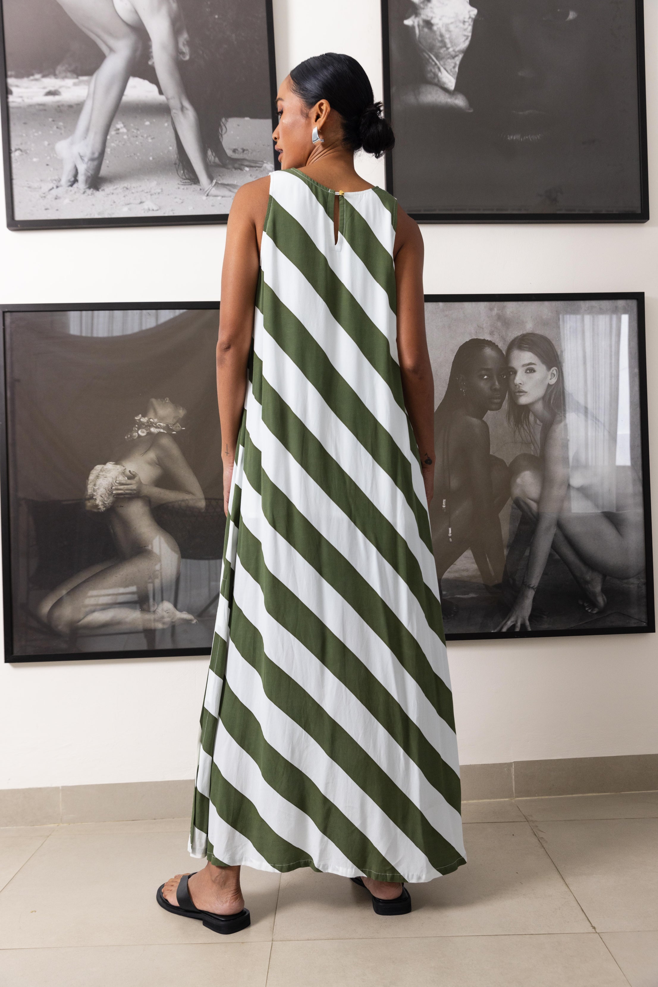 H25/50663 Finally Here Dress -  Dried Mint/Ivory Diagonal Stripe