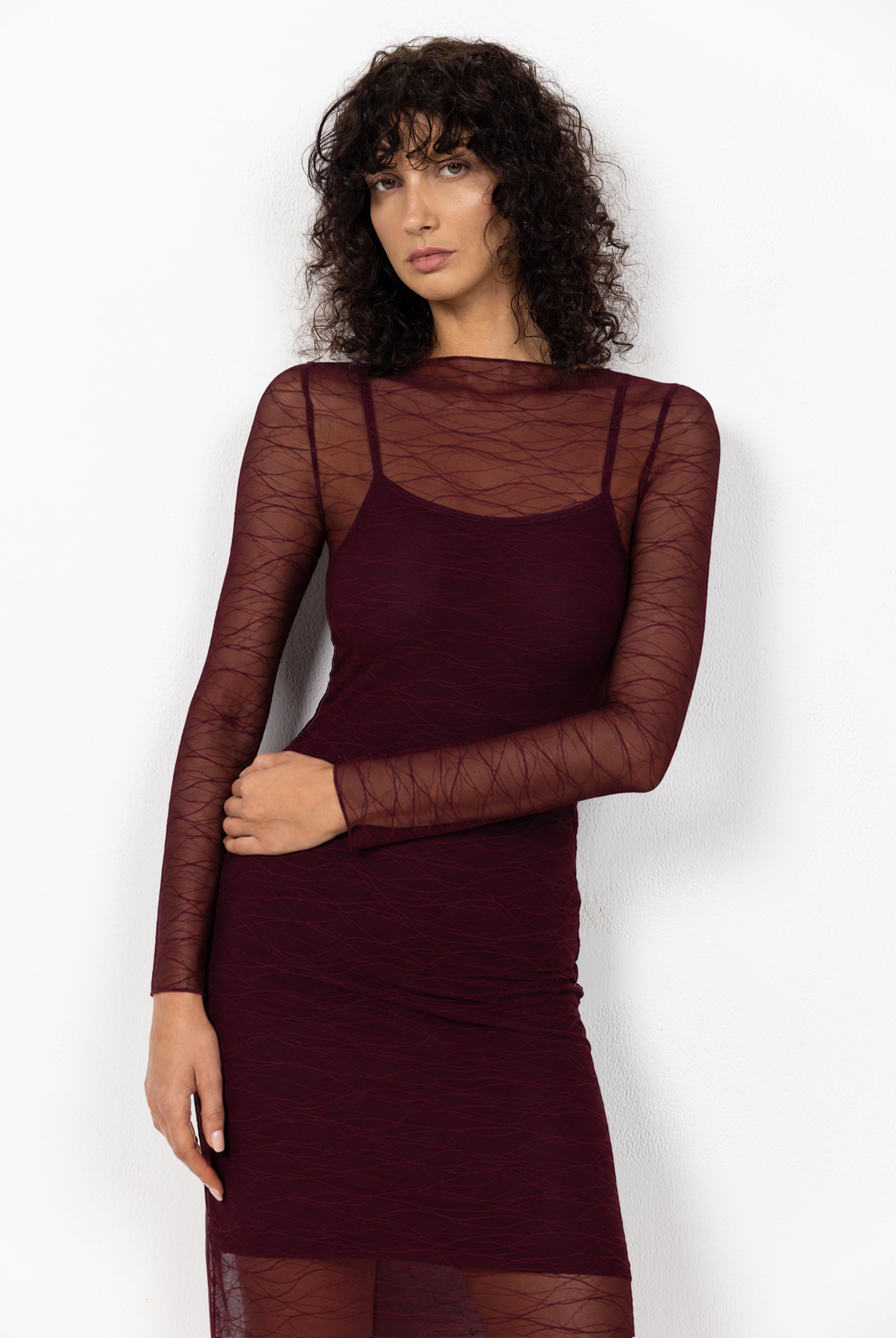 Gigi Long Sleeve Maxi Dress | Sheer Burgundy Veil | PRE-ORDER