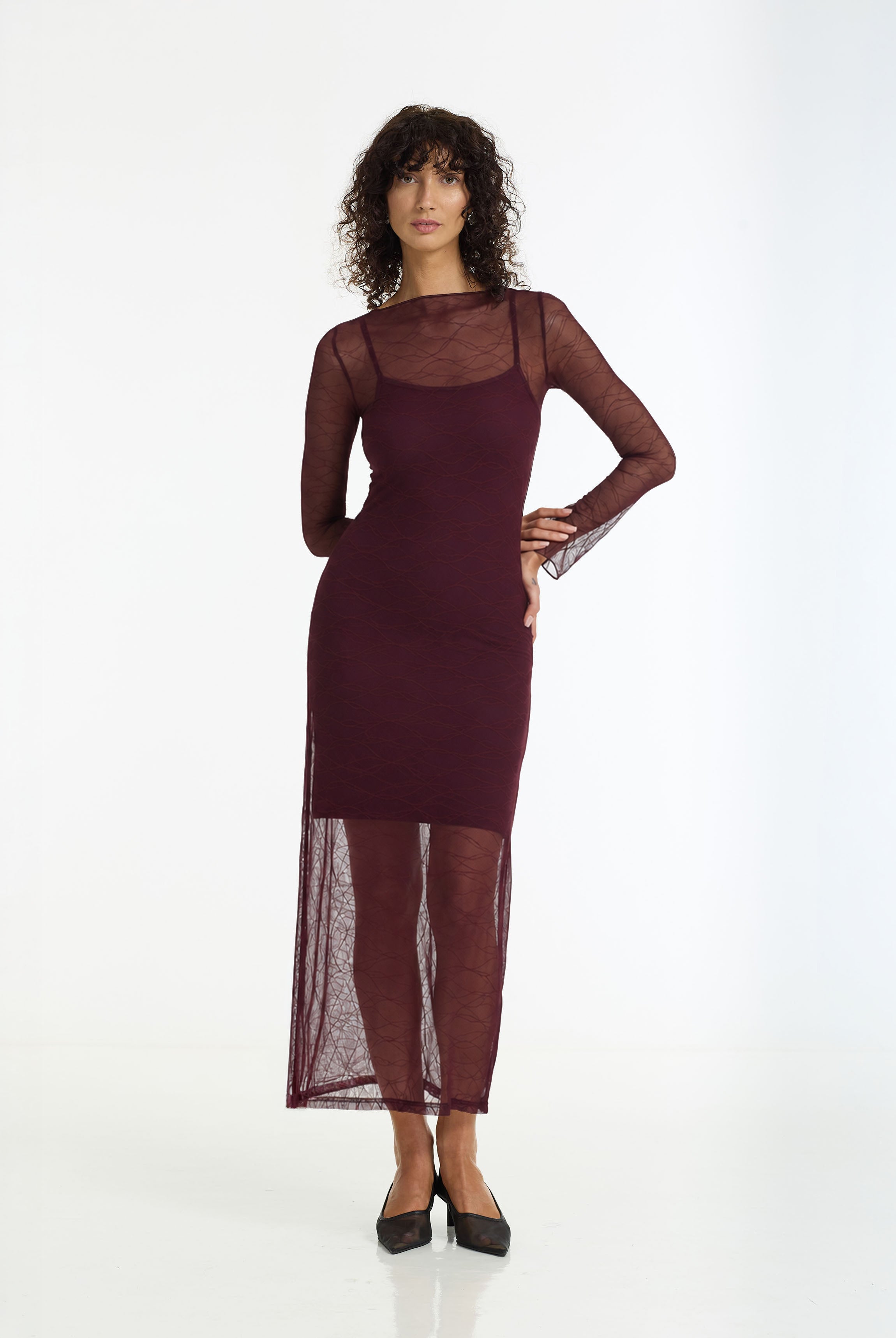 Gigi Long Sleeve Maxi Dress | Sheer Burgundy Veil | PRE-ORDER