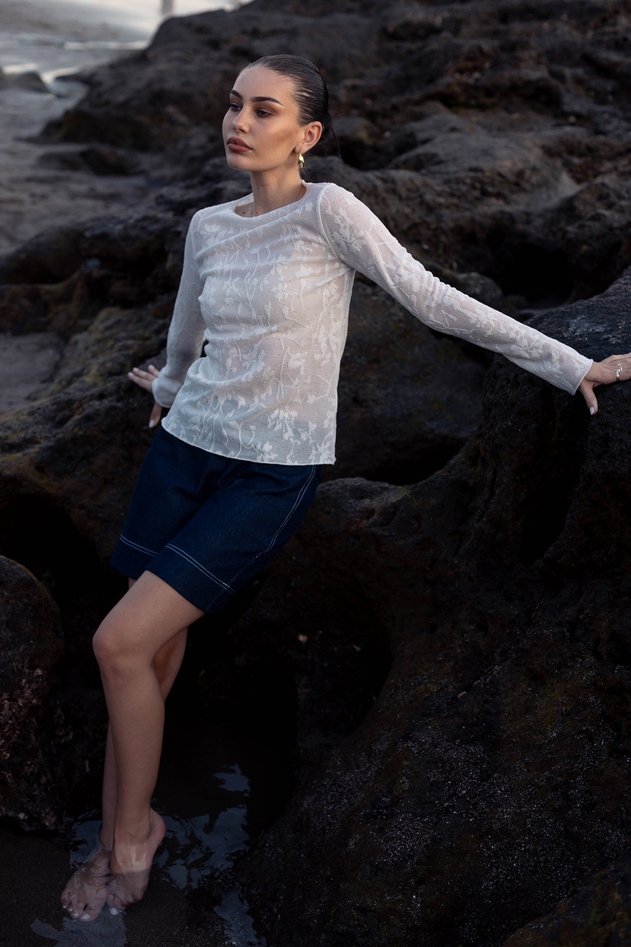 PRE-ORDER Gigi Top - White Lace with Silver Diamantés