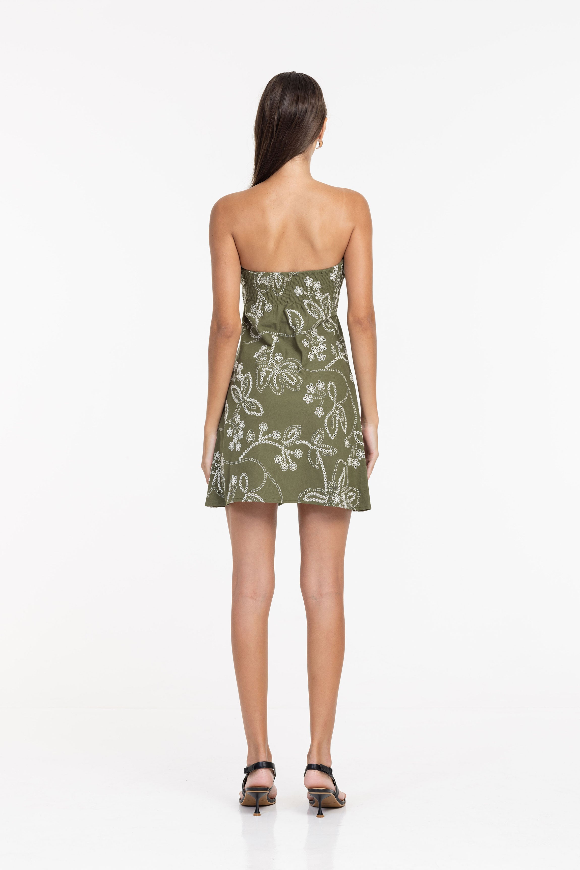 Hailey Mini Dress - Khaki with White Embroidery
