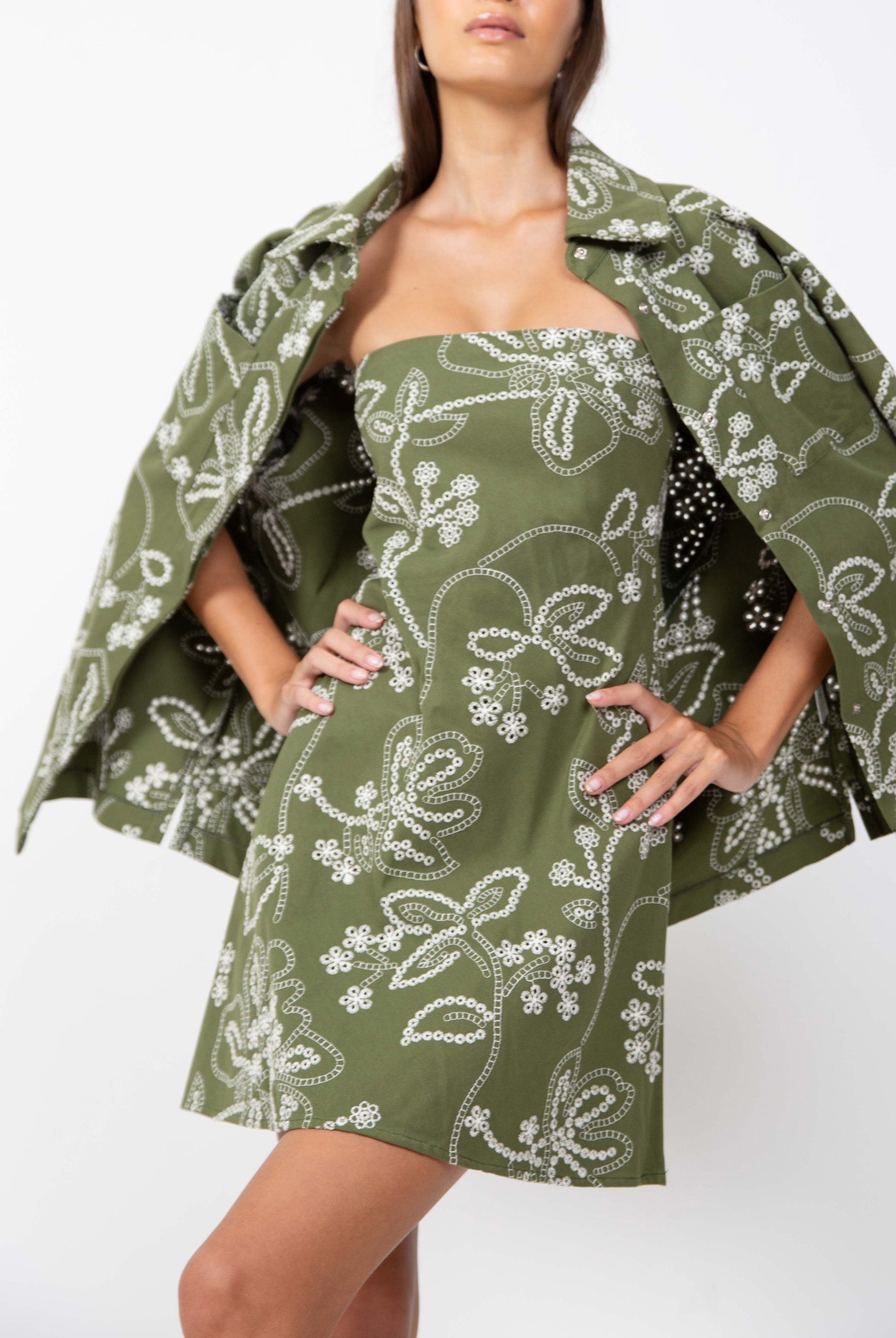 Hailey Mini Dress - Khaki with White Embroidery