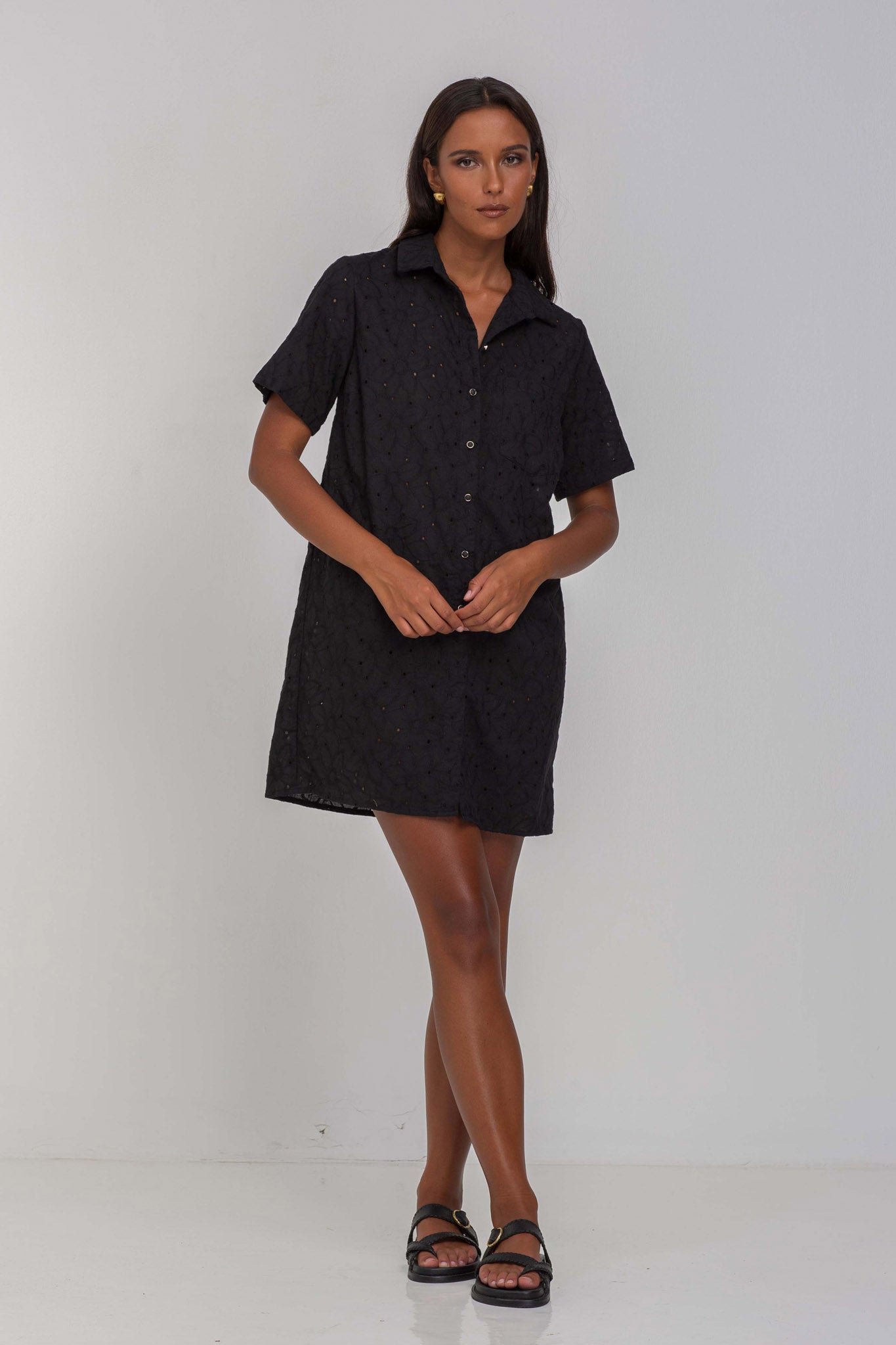 In Between The Lines Shirt Dress -  Black