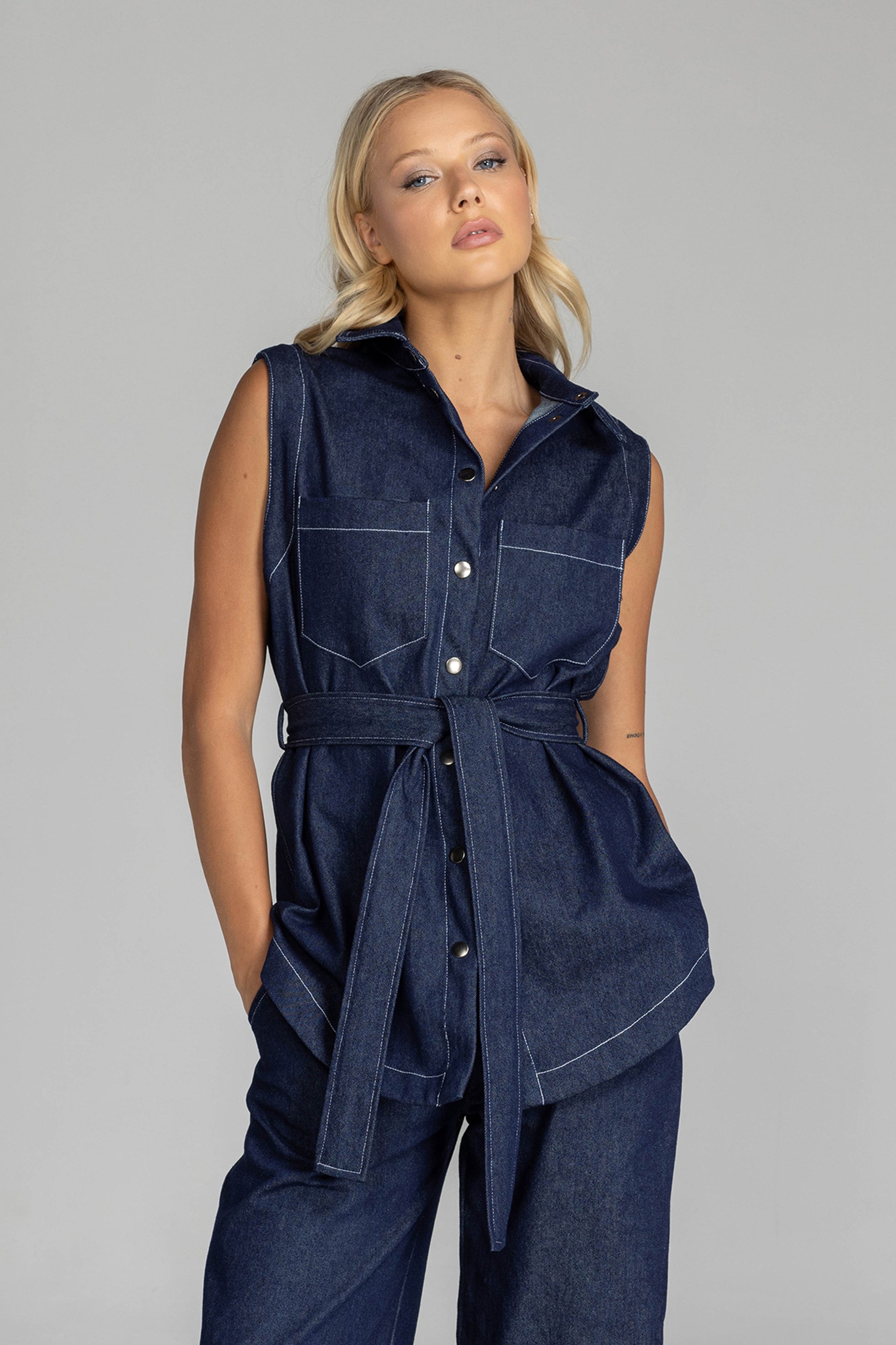 Kent Vest - Blue with White Topstitching