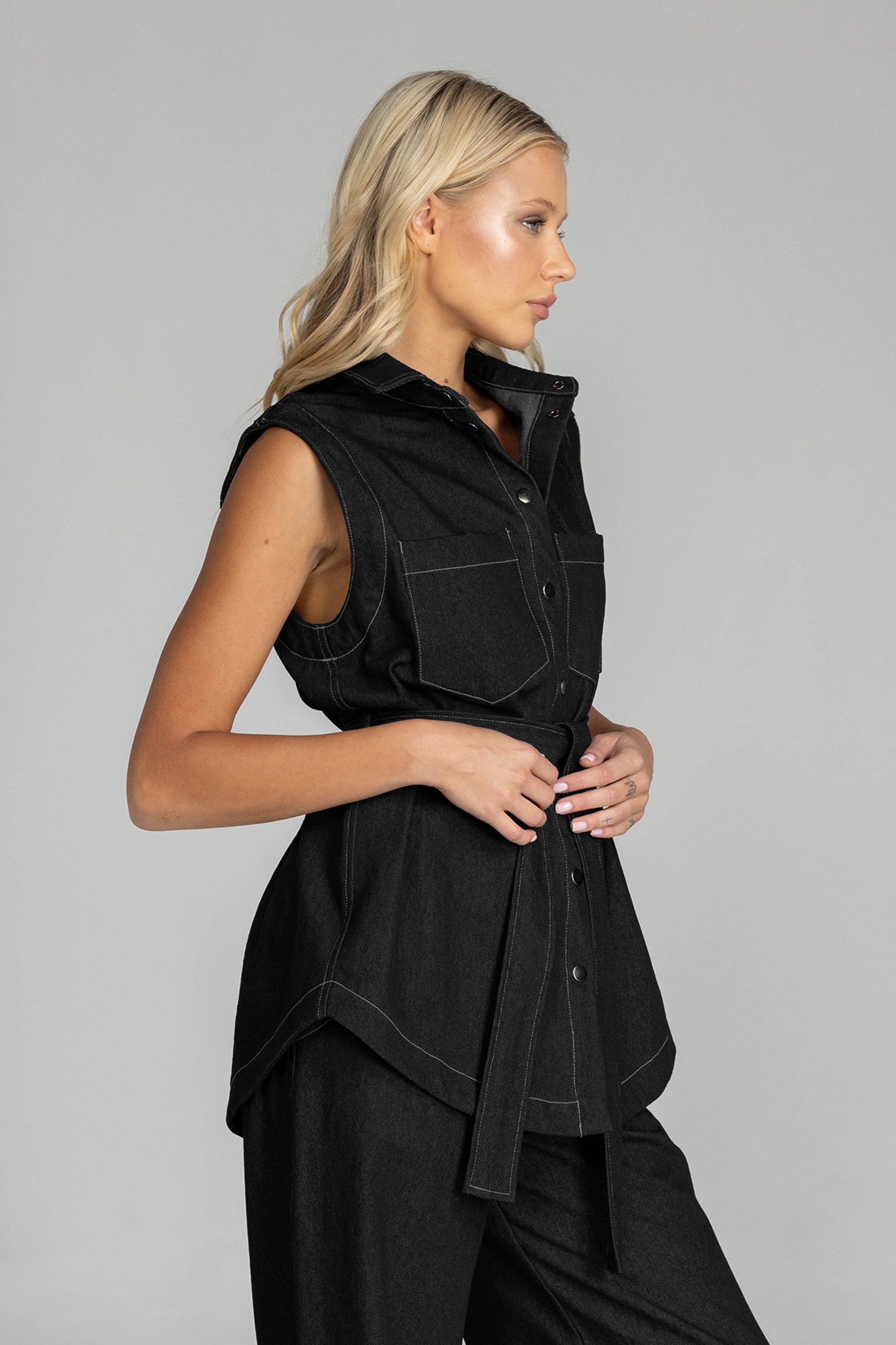 Kent Vest - Black with White Topstitching