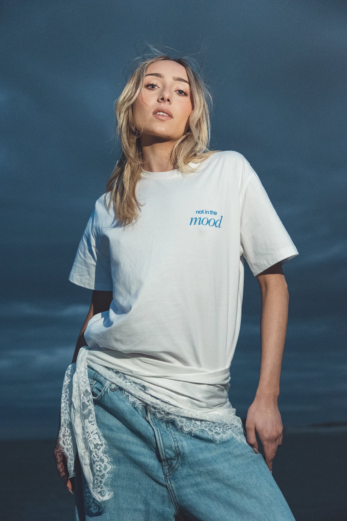 Not In The Mood Tee | White w Blue Text | Sei Bella by BLAK | PRE-ORDER