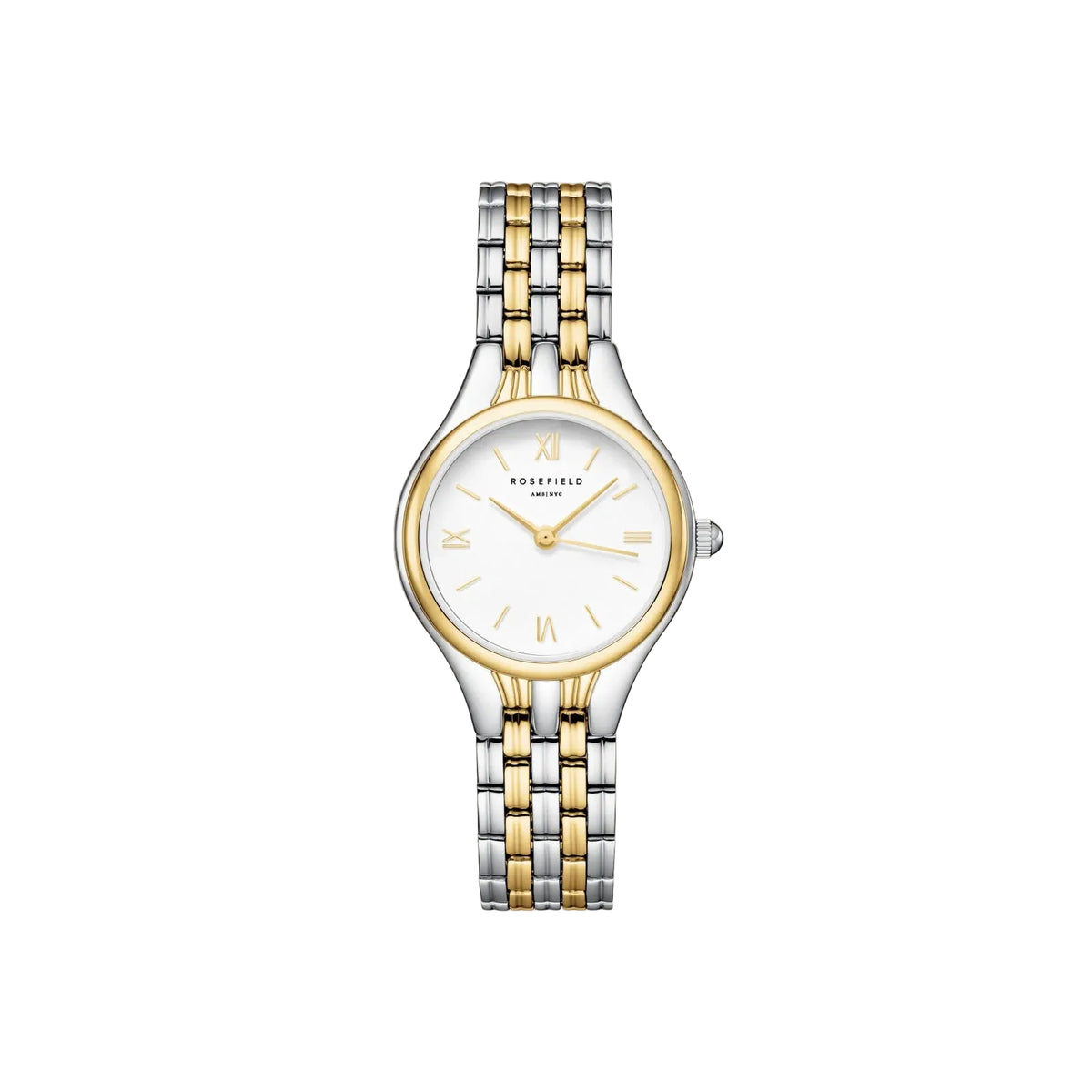 A Rosefield Swiss women's watch featuring a two-tone silver and gold stainless steel bracelet, a gold-plated bezel, and a white dial with Roman numerals.