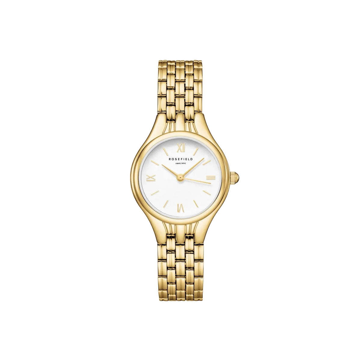 A gold-tone watch with a white dial and Roman numeral hour markers, featuring a matching gold-tone link bracelet, centered on a light gray background.