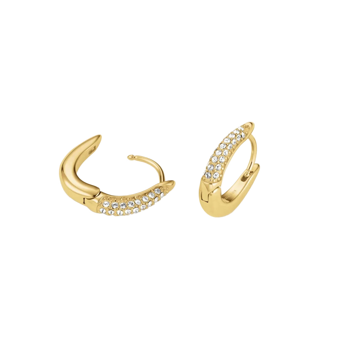A pair of gold crescent-shaped hoop earrings with pavé-set clear stones along the front, displayed on a clean off-white background.