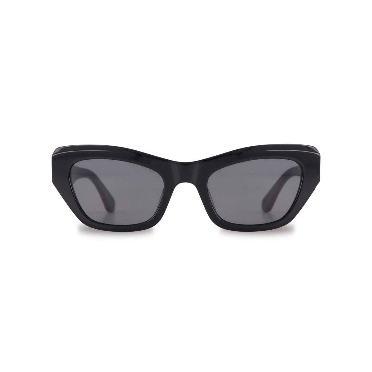 Black cat-eye sunglasses with dark gray lenses, shown from the front on a plain white background.