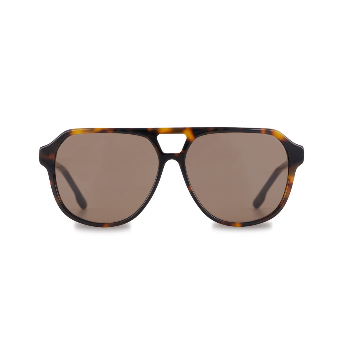 A pair of aviator-style sunglasses with a tortoiseshell frame and brown tinted lenses, shown against a plain white background.