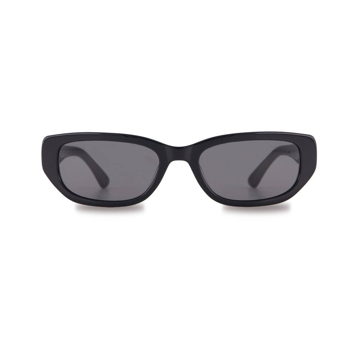 Black cat-eye sunglasses with dark gray lenses, shown from the front on a plain white background.