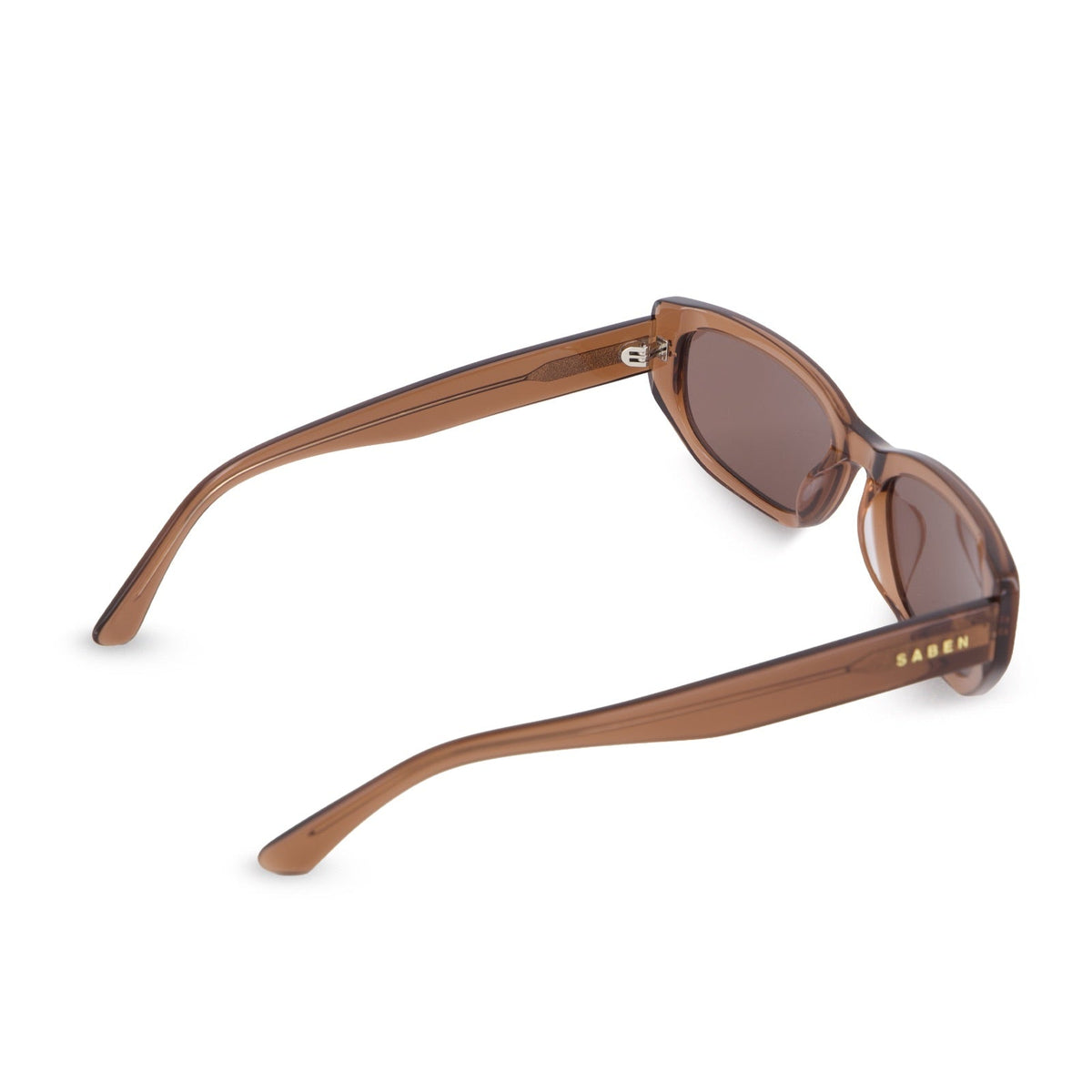 Brown acetate sunglasses with brown tinted lenses, shown from a side angle on a white background.
