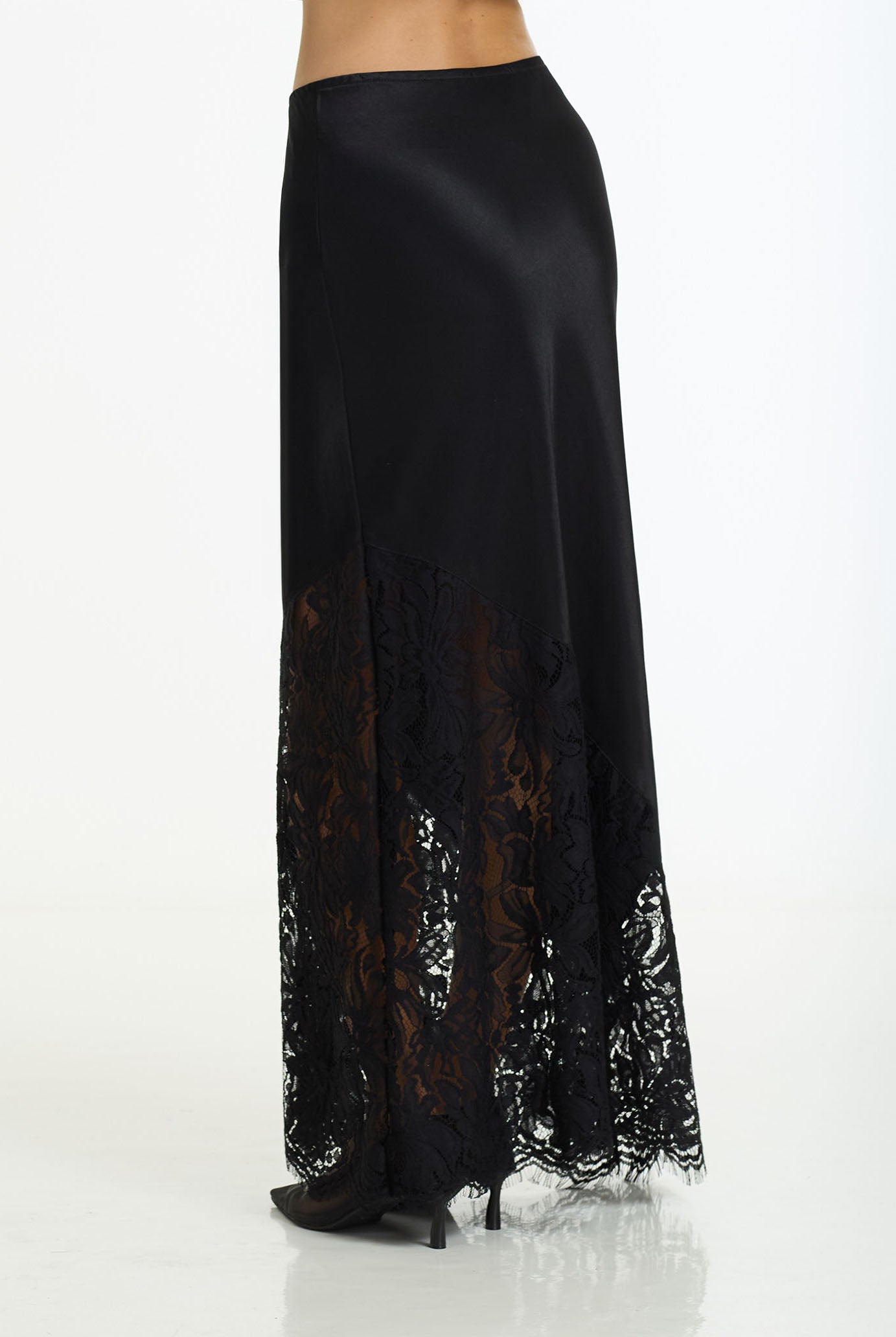 Softly Spoken Satin Lace Maxi Skirt | Black | PRE-ORDER