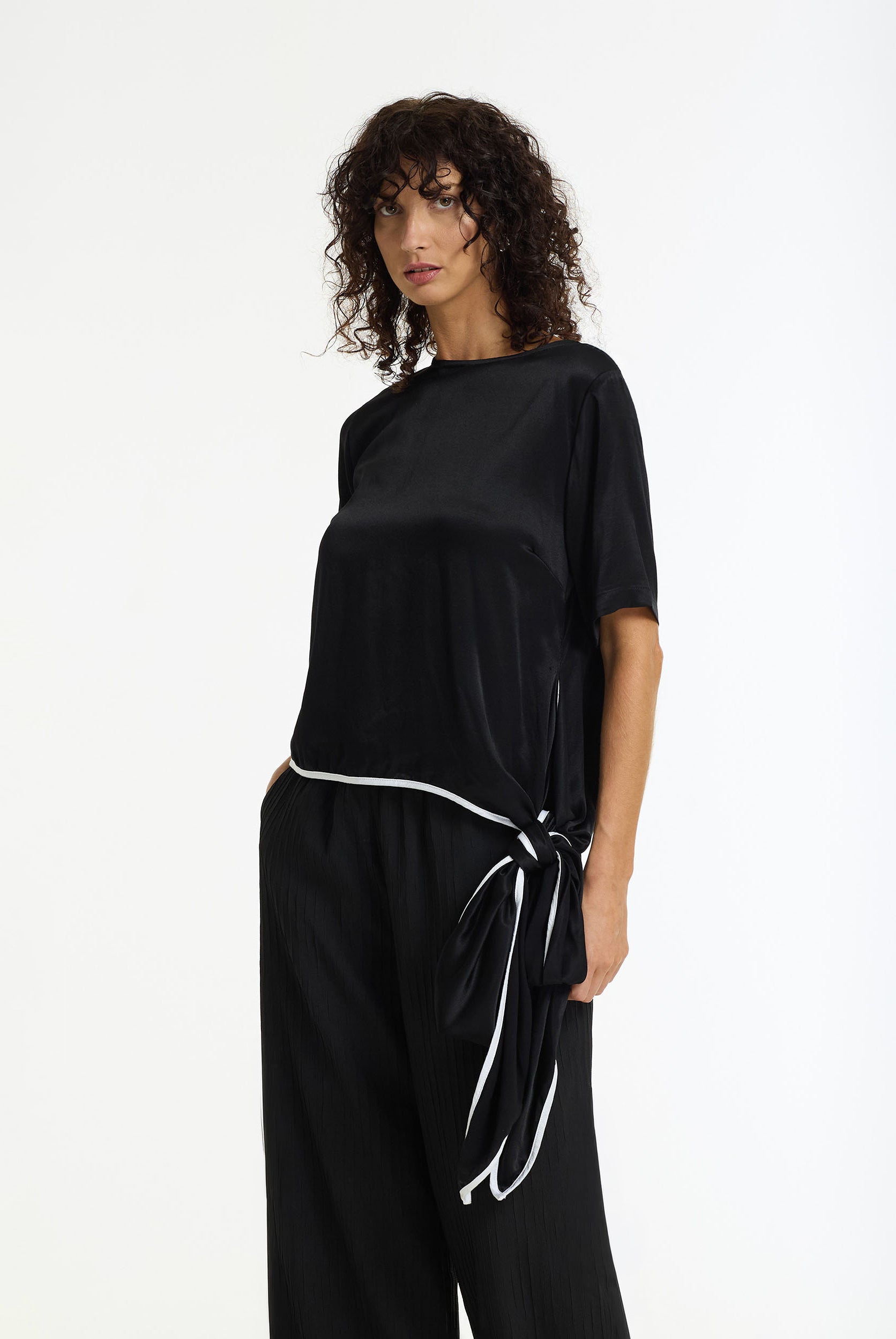 The Knot Satin Tie Top | Black/White | PRE-ORDER