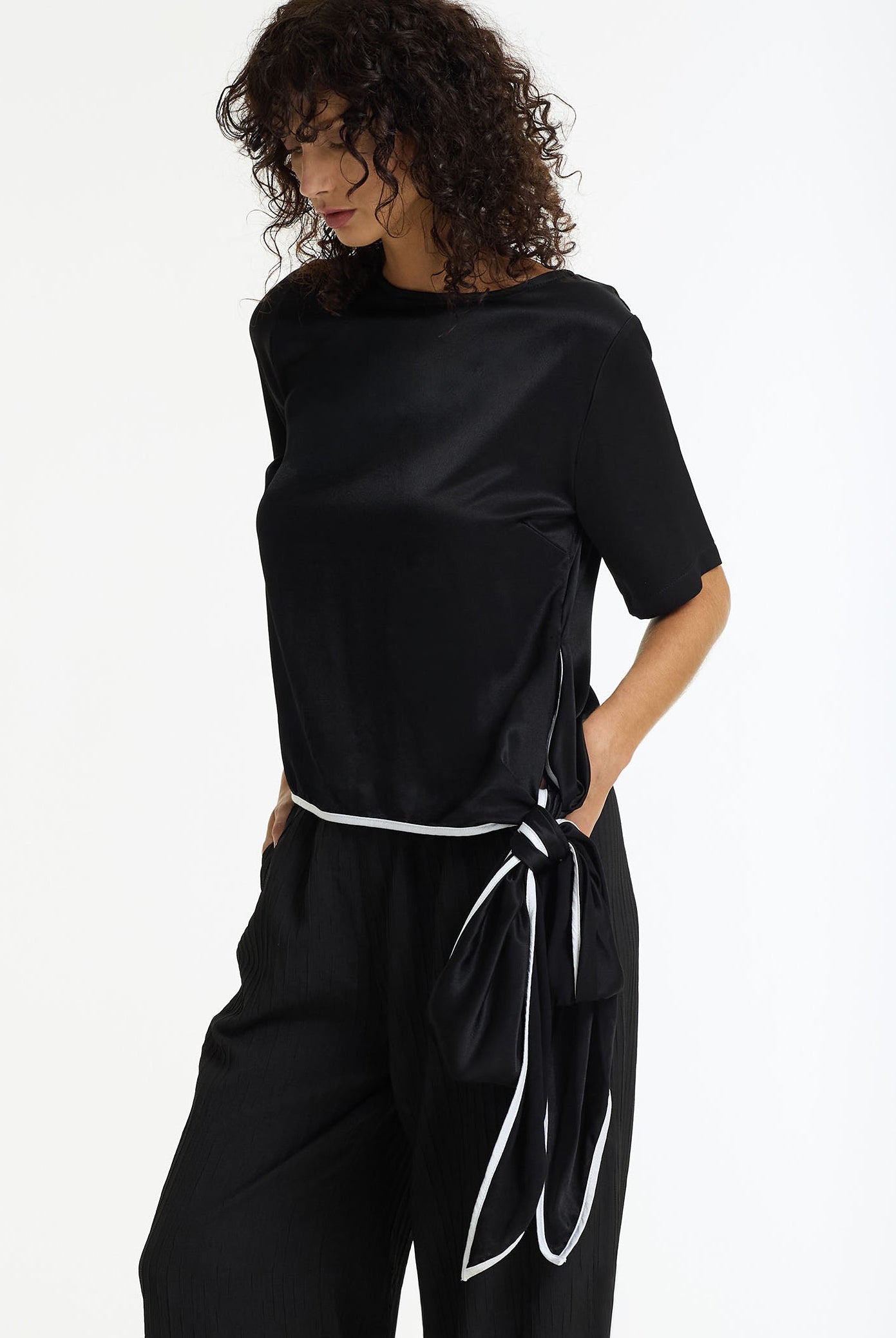 The Knot Satin Tie Top | Black/White | PRE-ORDER