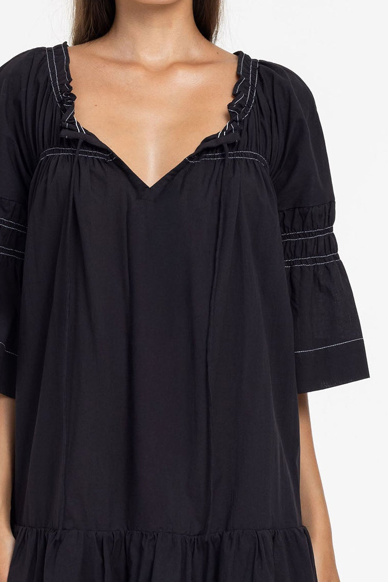 Thea Mini Dress - Black w White Topstitching