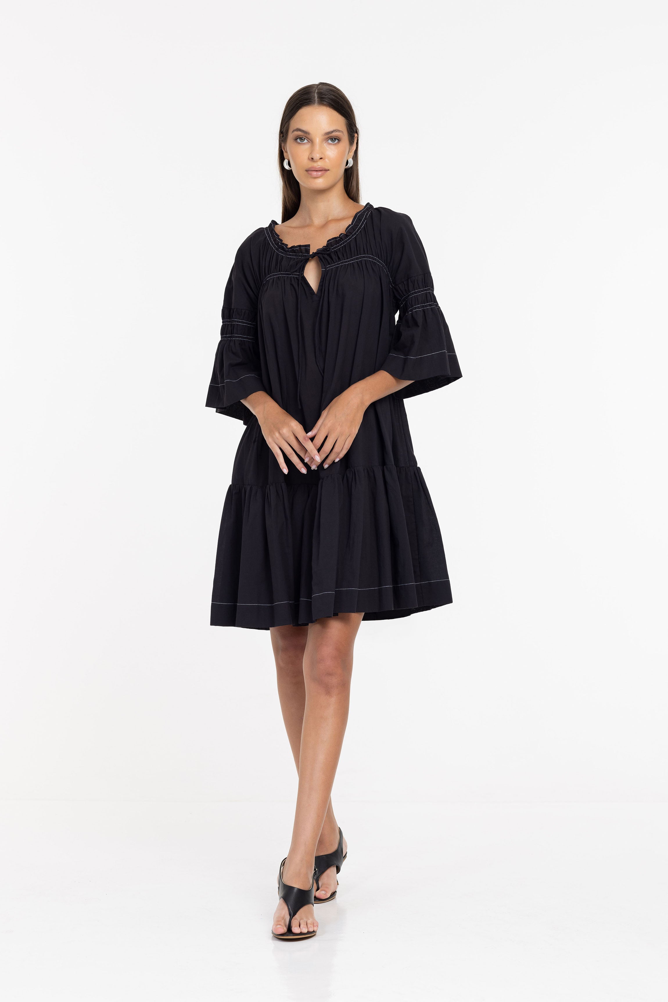 Thea Mini Dress - Black w White Topstitching
