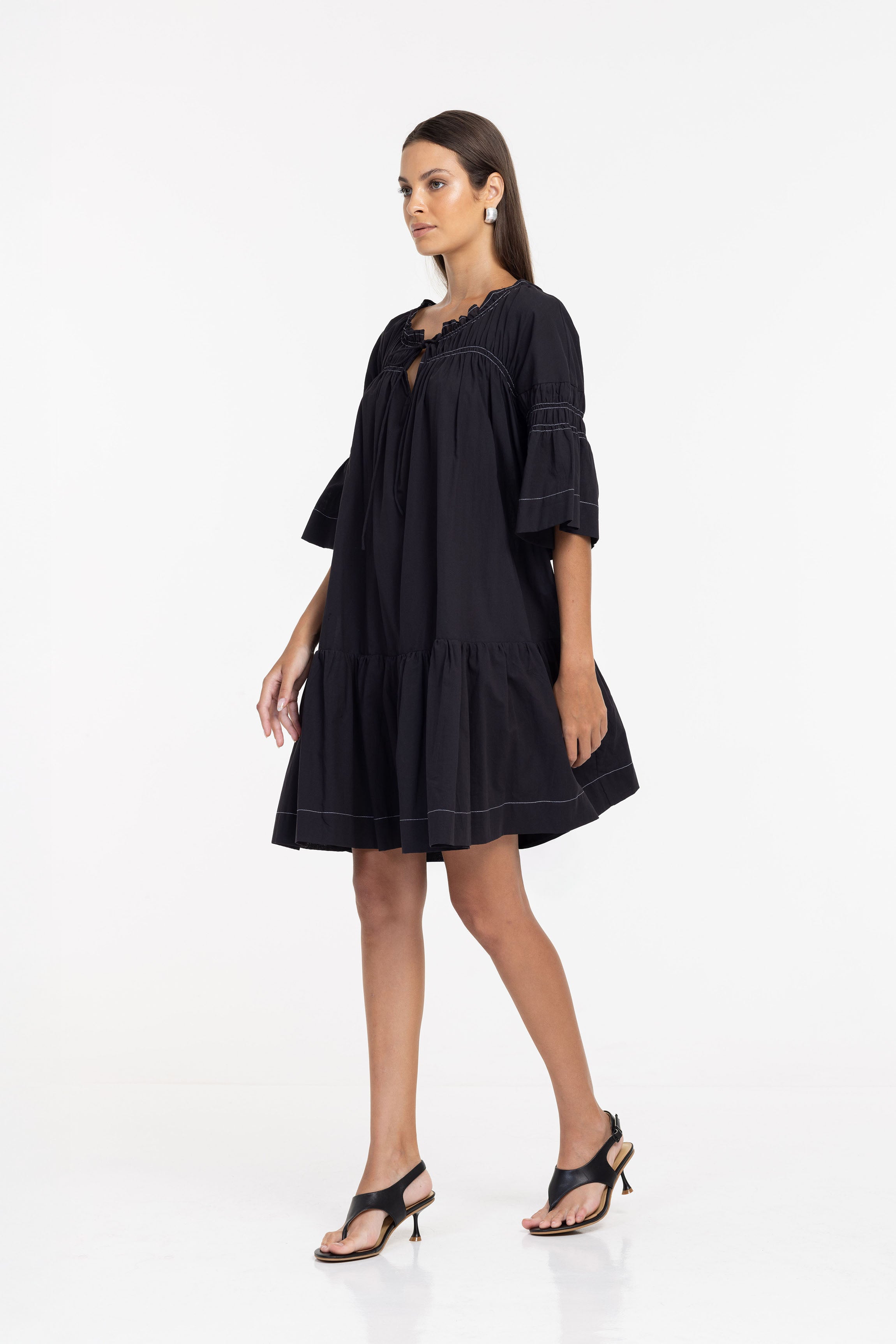 Thea Mini Dress - Black w White Topstitching