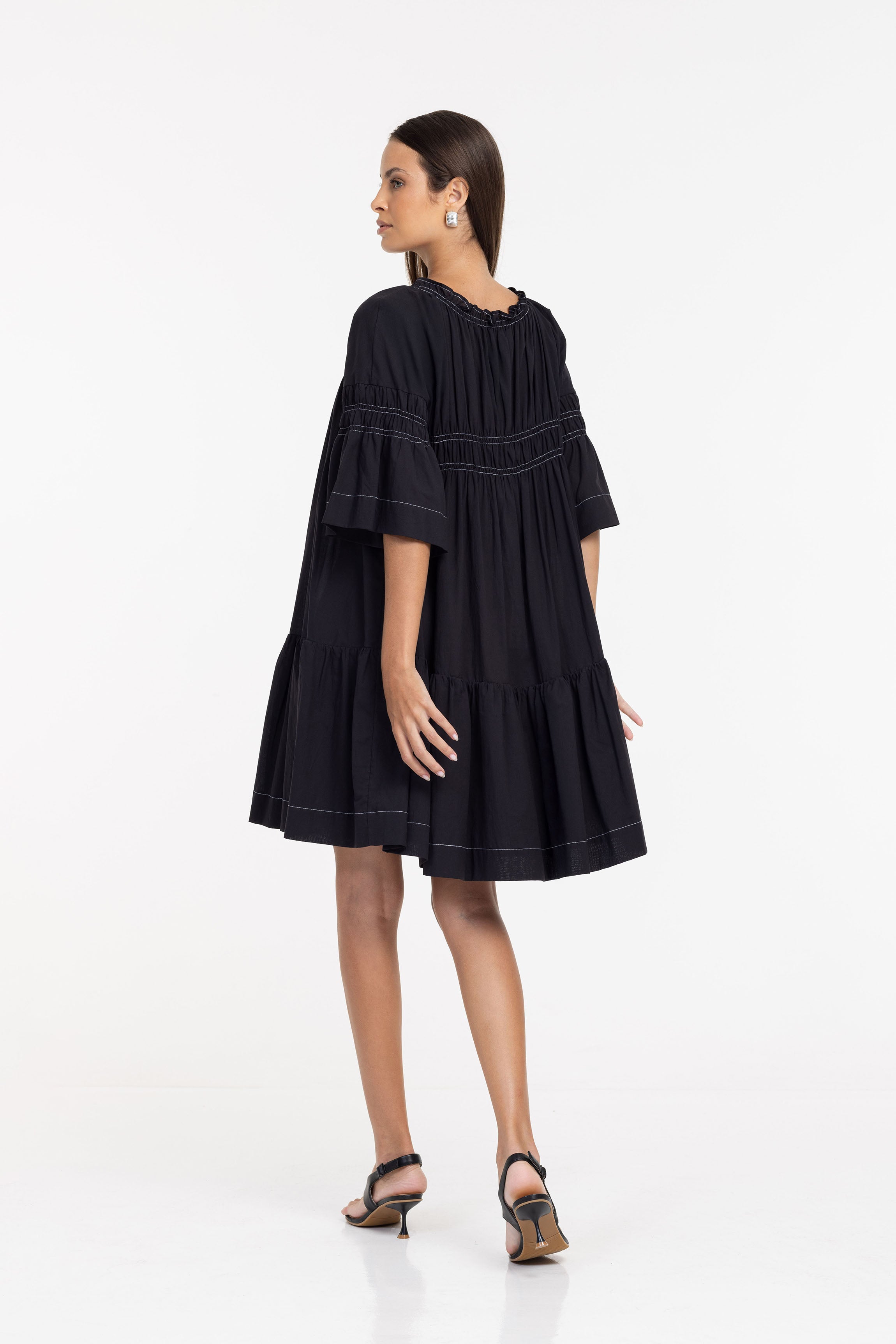 Thea Mini Dress - Black w White Topstitching