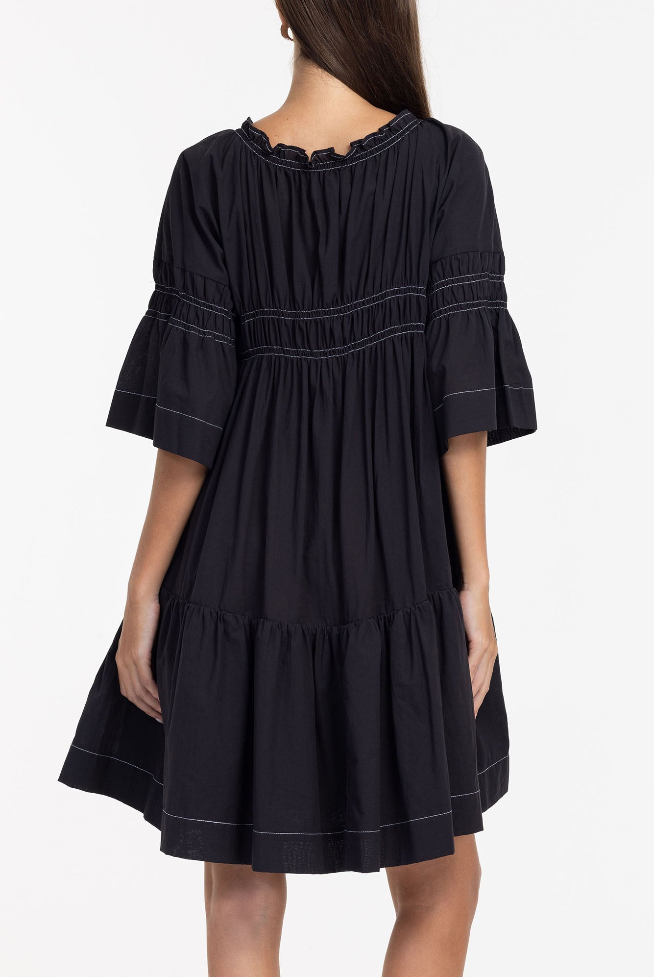 Thea Mini Dress - Black w White Topstitching