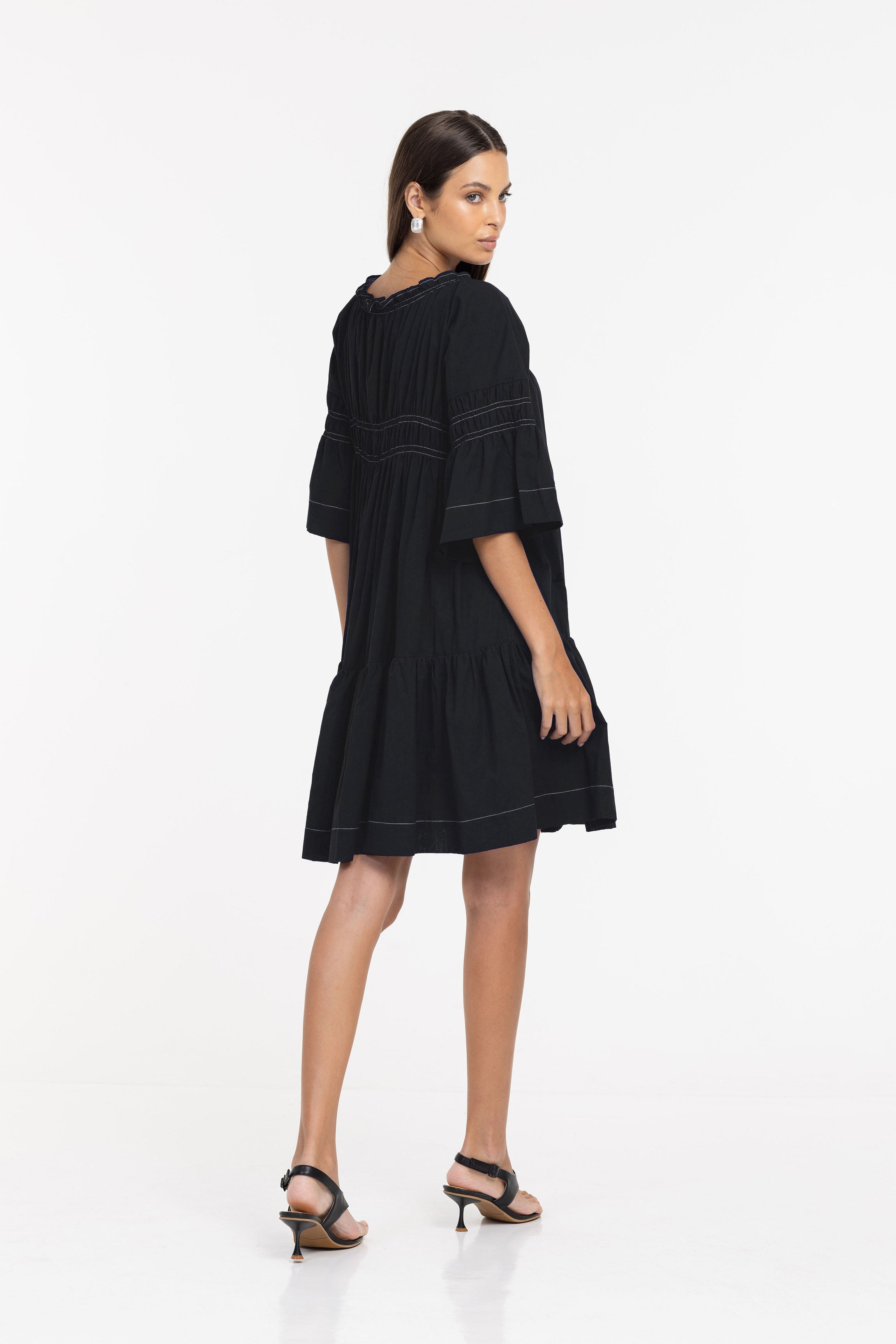 Thea Mini Dress - Black w White Topstitching